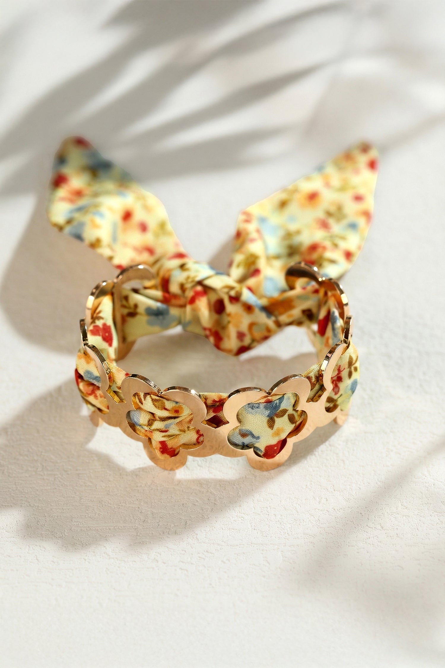 Gold Alloy Hollowed Flower Bangle Floral Ribbon Knot Bracelet