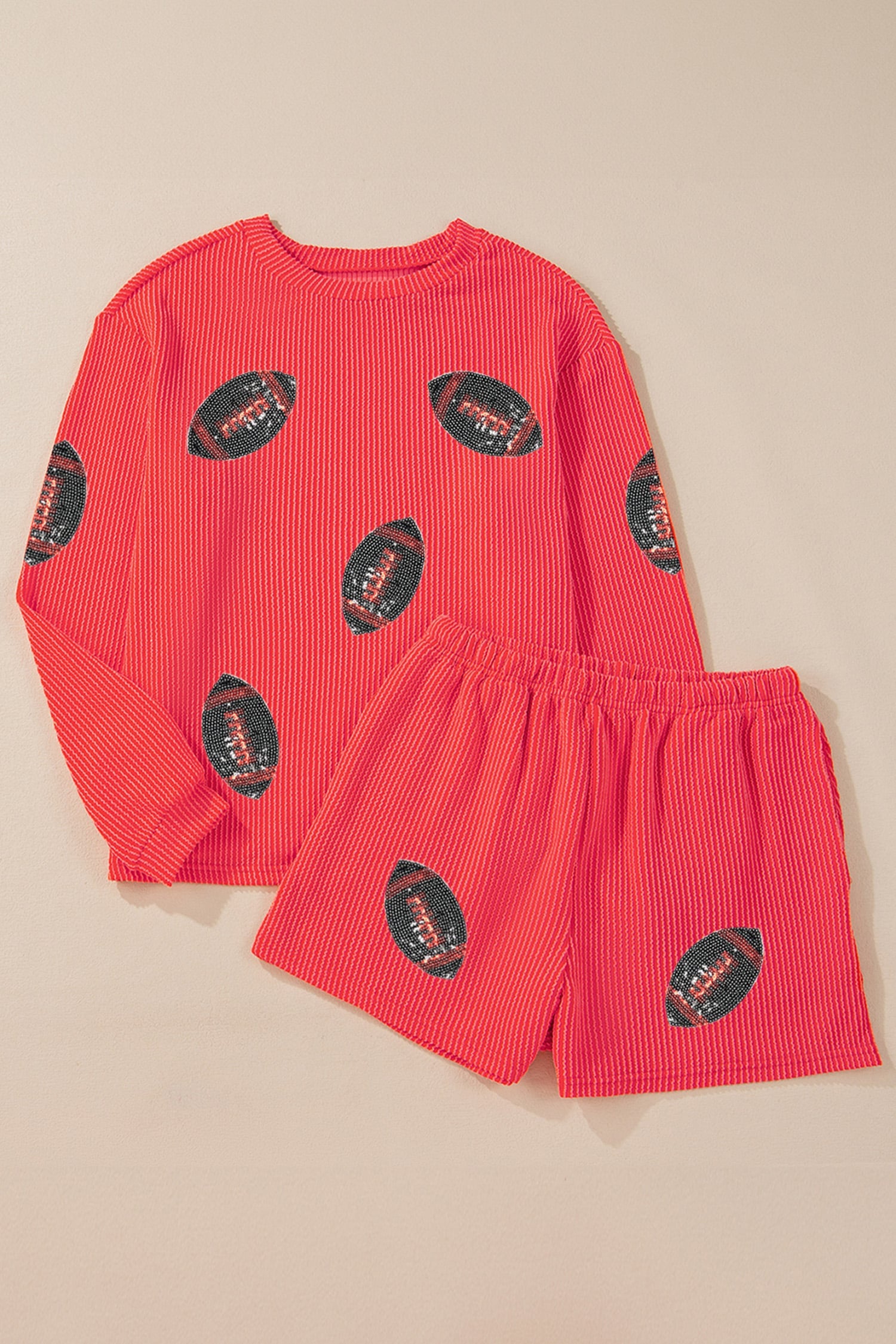 Gold Flame Twisted Rib Sequined Rugby Pattern Long Sleeve Top Relaxed Short Set