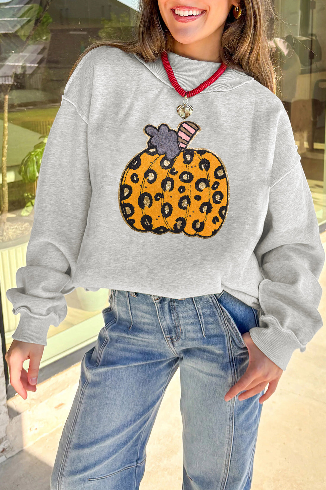 Light Grey Thanksgiving Leopard Print Pumpkin Graphic Mock Neck Sweatshirt