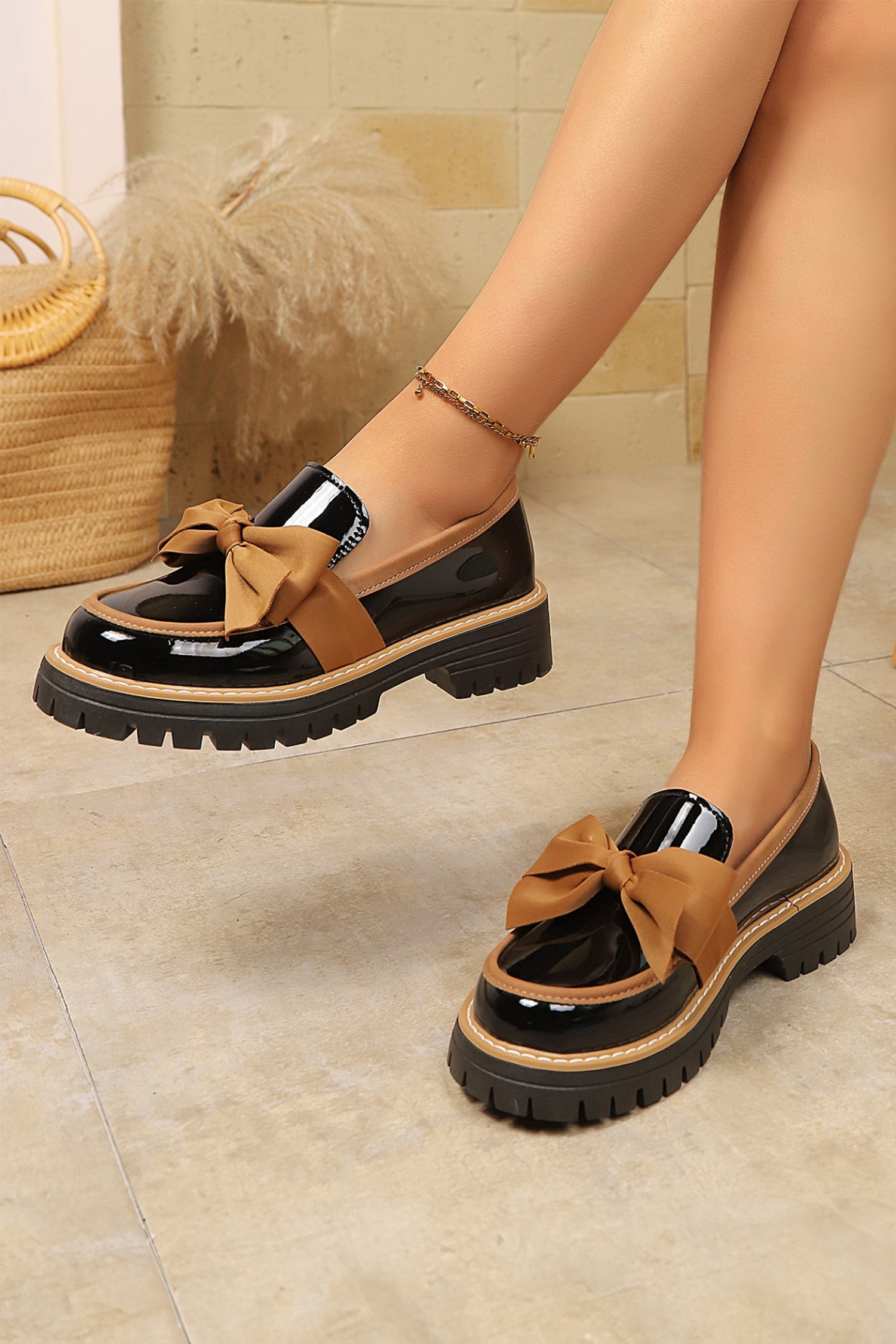 Color black Bowknot Platform Loafers with Slip-On Design and TPR Sole