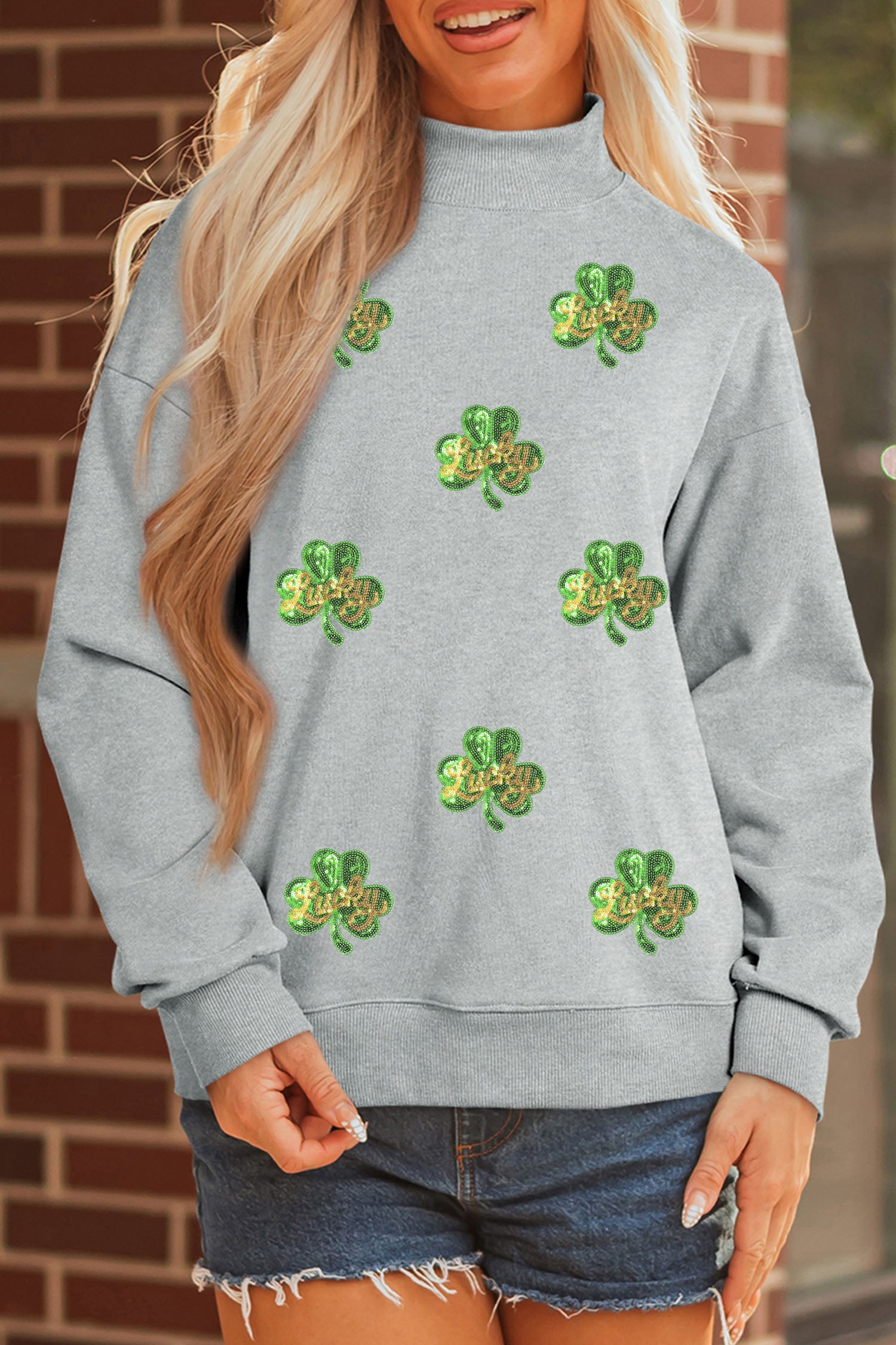 Gray Lucky Clover Sequin Graphic Mock Neck Sweatshirt