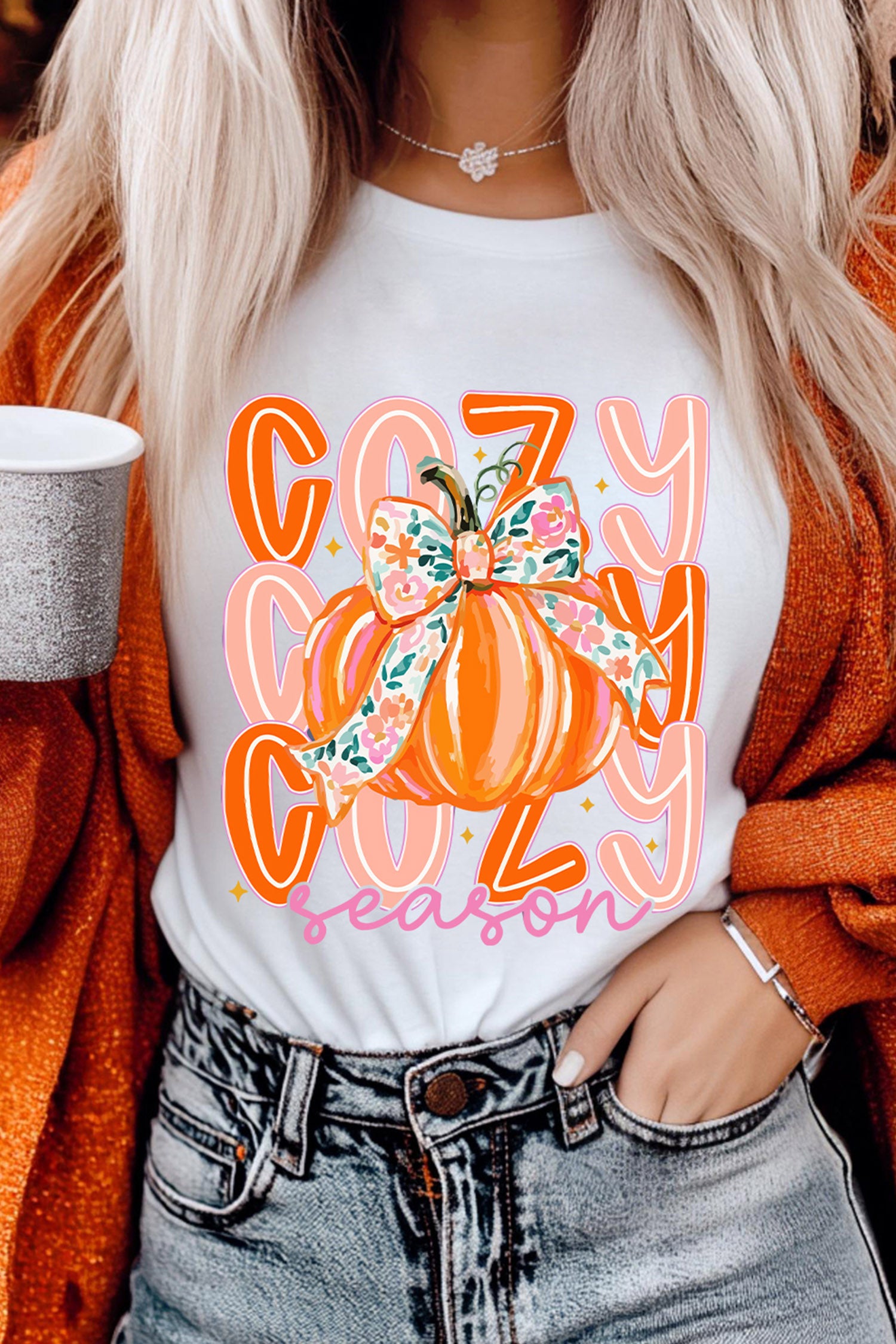 White Cozy Season Pumpkin Graphic Round Neck T-Shirt