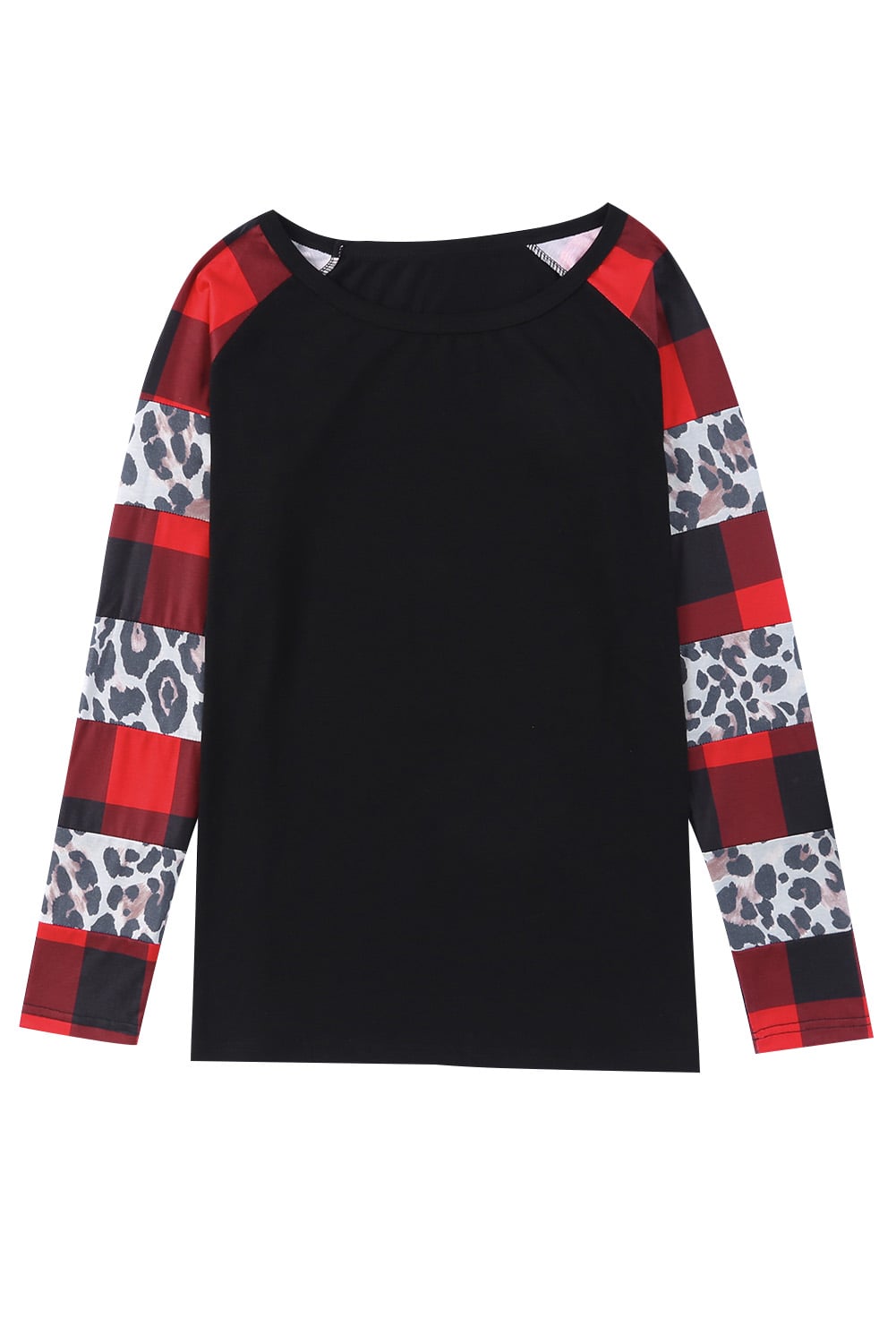 Black Off Shoulder Plaid&Leopard Print Long Sleeve Top