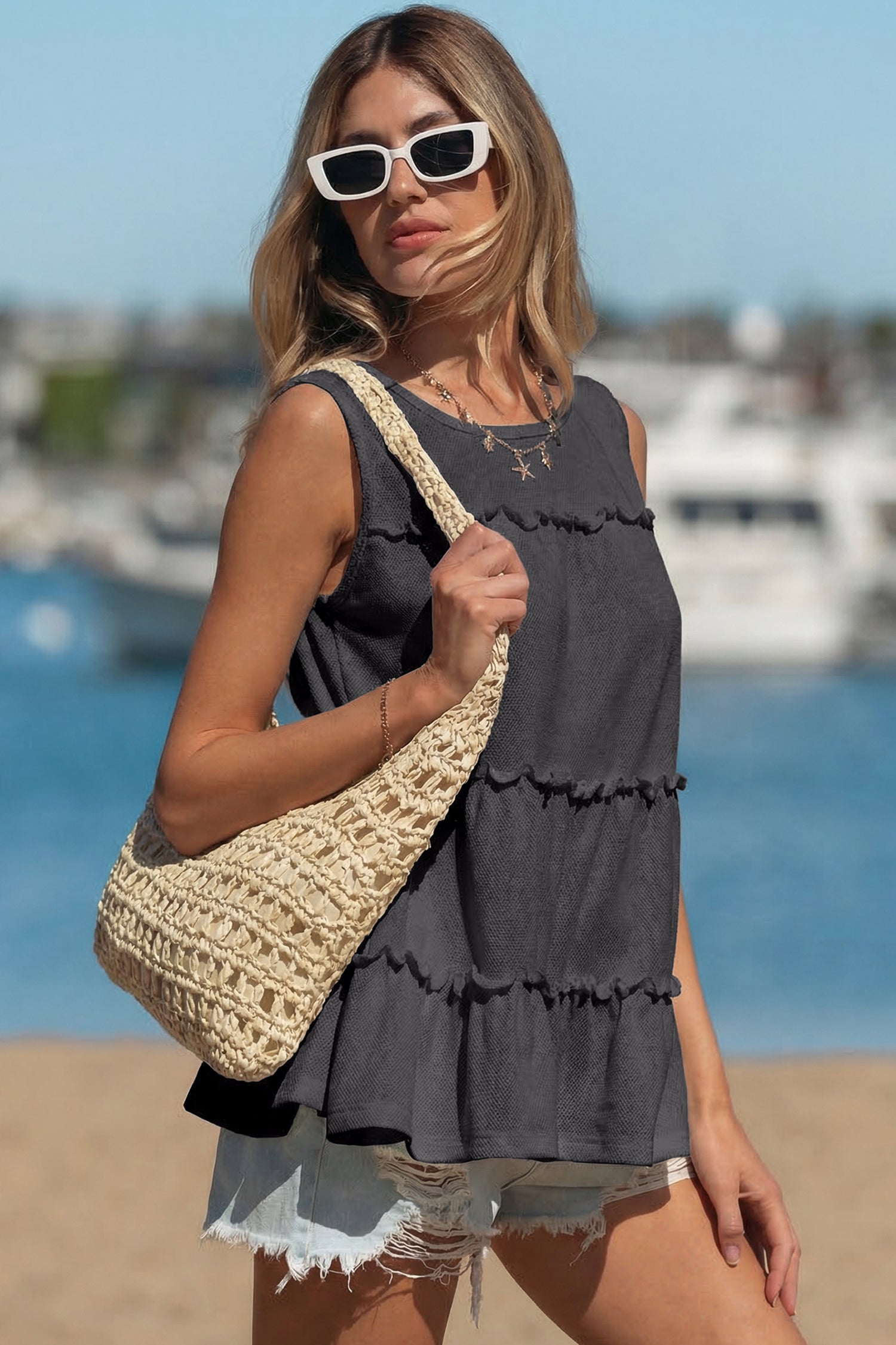 Dark Grey Tiered Frill Trim A-line Tank Top