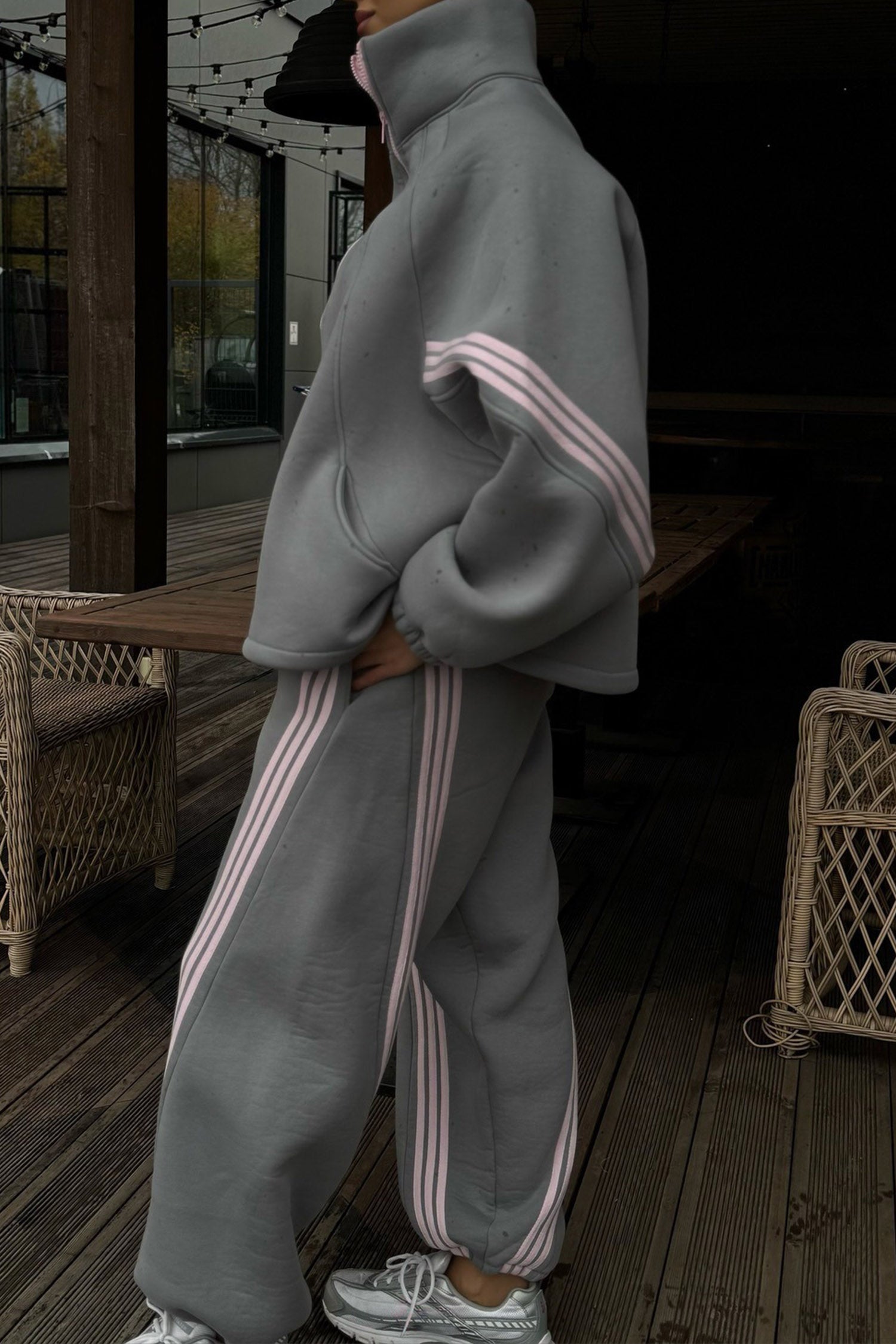 Medium Grey Striped Detail Zip High Neck Jacket Sporty Pants Sets