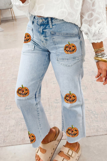 Beau Blue Sequin Pumpkin Face Patchwork Halloween Jeans