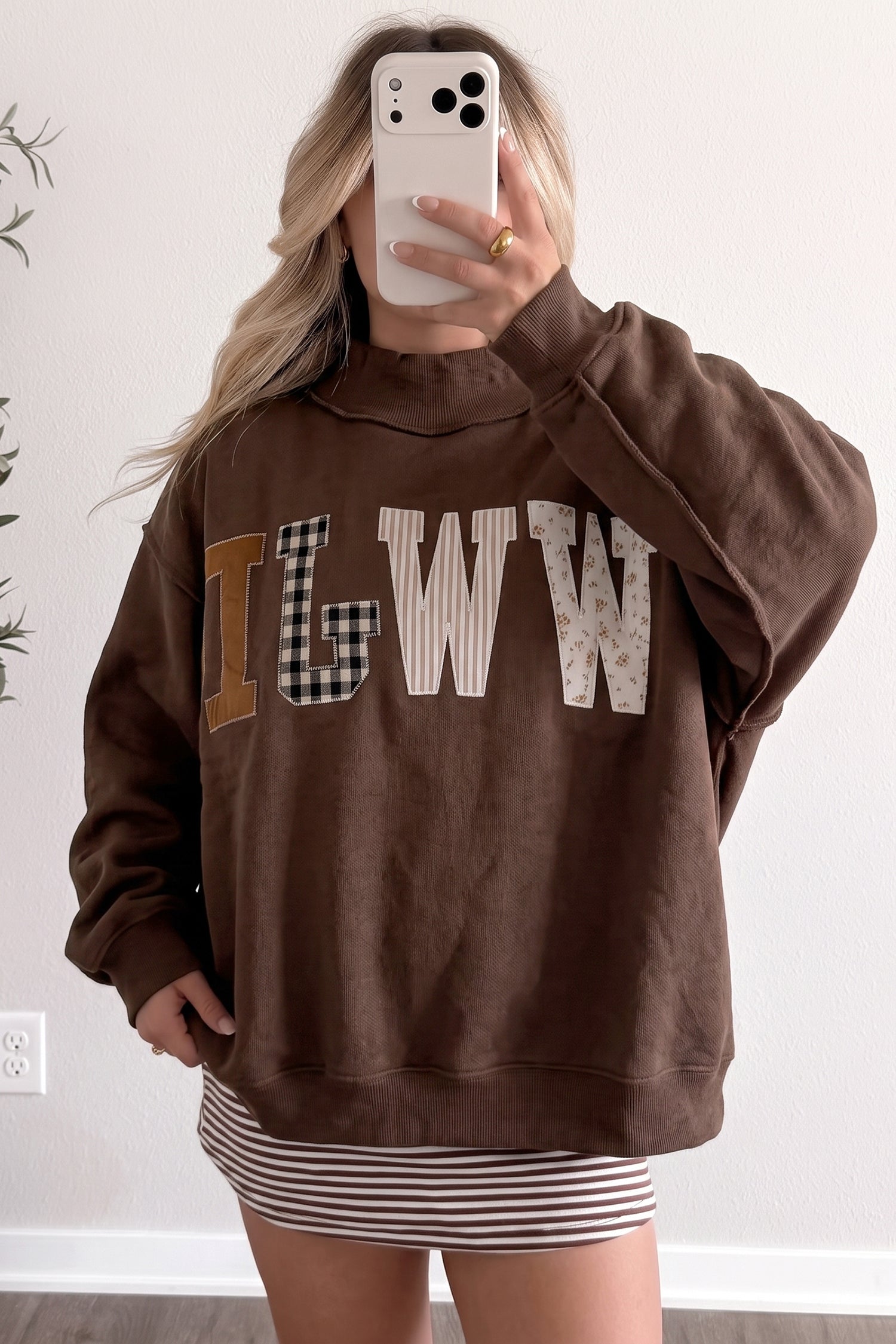 Coffee WWJD Mixed Pattern Embroidered Patch Graphic Mock Neck Sweatshirt
