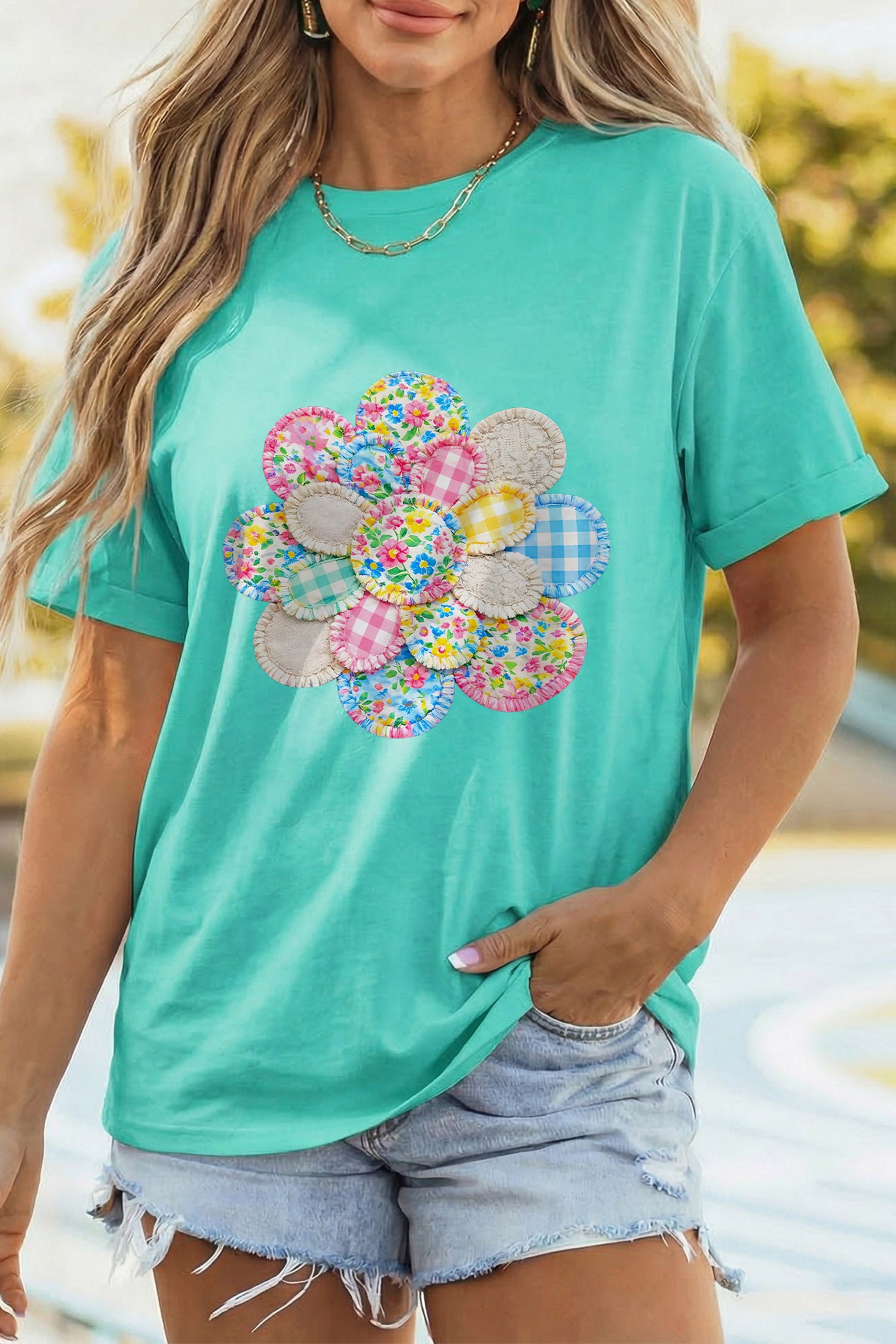 Mint Green Patchwork Flower Printed Casual T Shirt