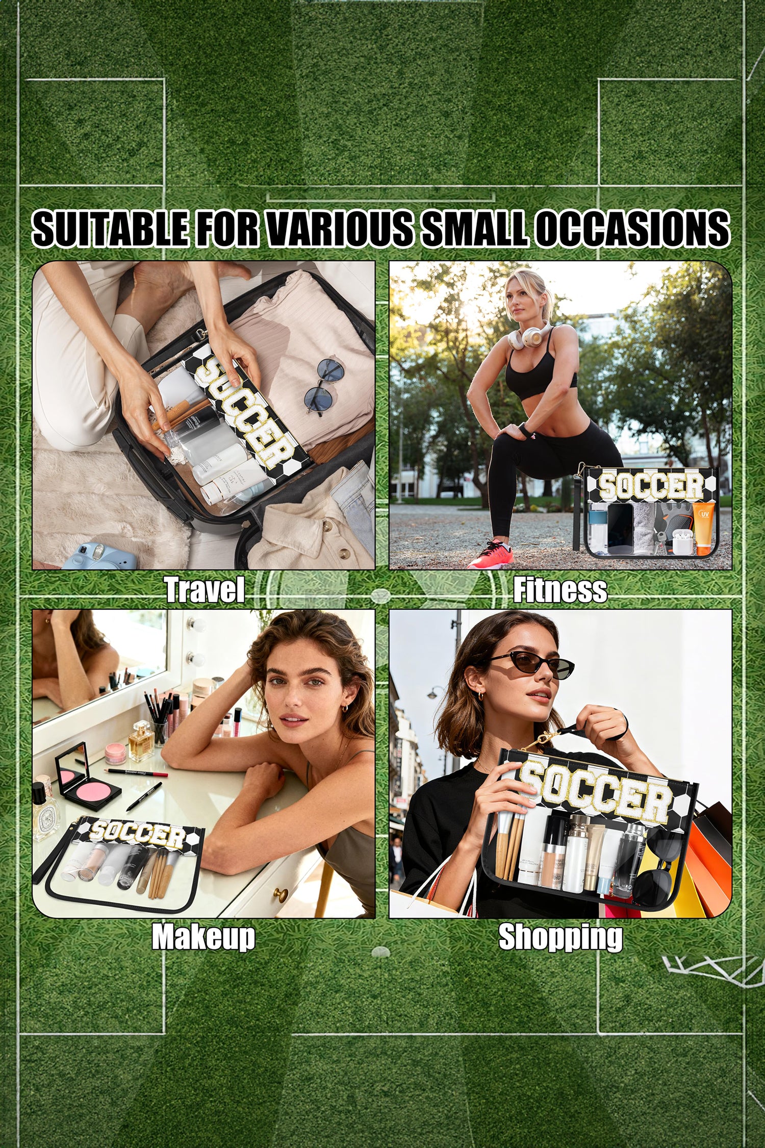 Color black SOCCER Chenille Letter Patch Game Day Stadium Clear PVC Cosmetic Bag