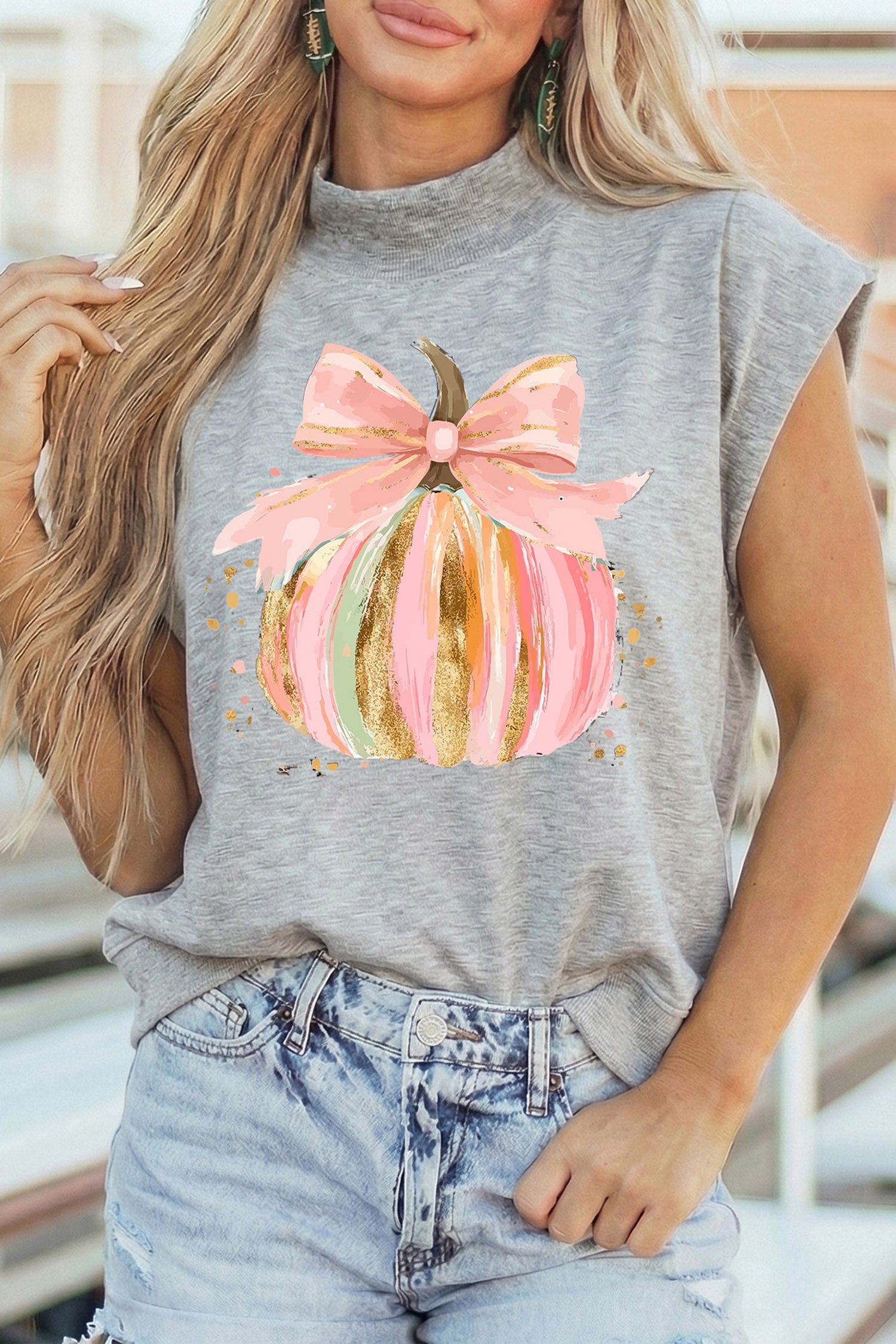 Light Grey Unique Pumpkin Bow Graphic High Neck Cap Sleeve Top