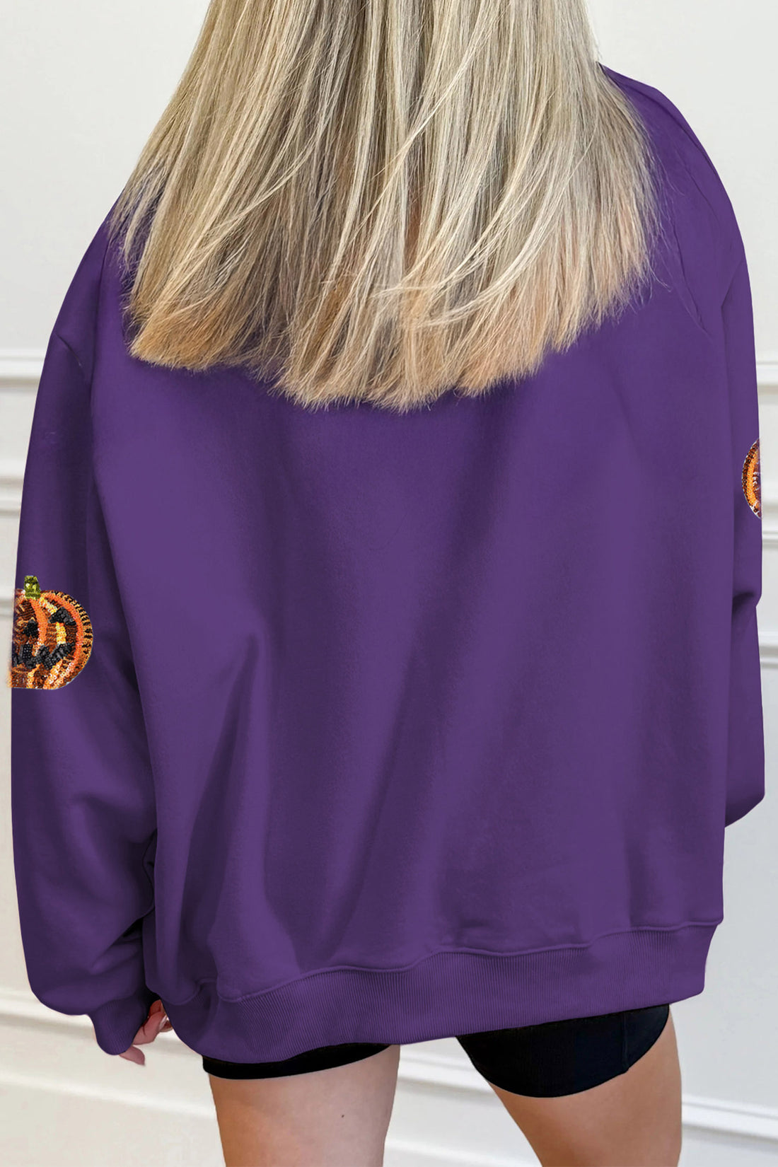 Tillandsia Purple Sequin Pumpkin Spooky Graphic Halloween Pullover Sweatshirt