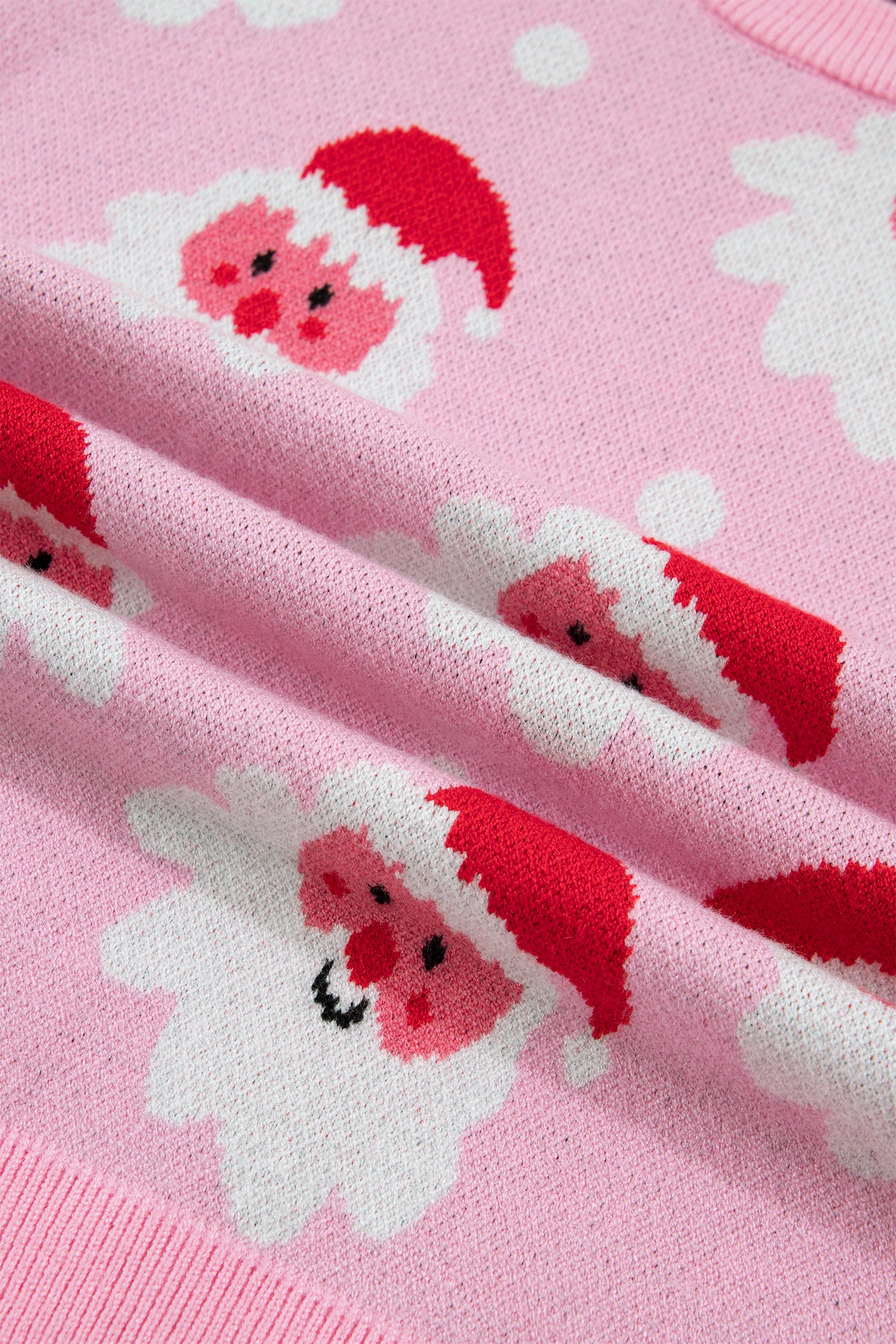 Pink Cartoon Santa Pattern Round Neck Dropped Shoulder Sweater