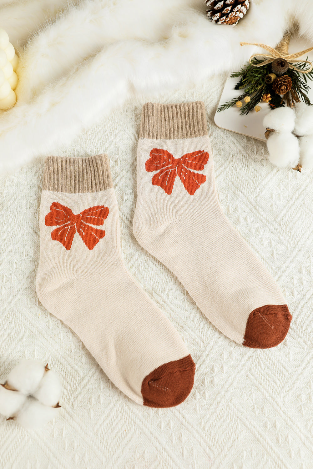 Khaki Bow Printed Color Block Knit Womens Socks