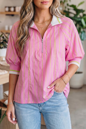 Pink Stripe Striped V-Neck Half Sleeve Zipper Ribbed Cuff Casual Shift Blouse