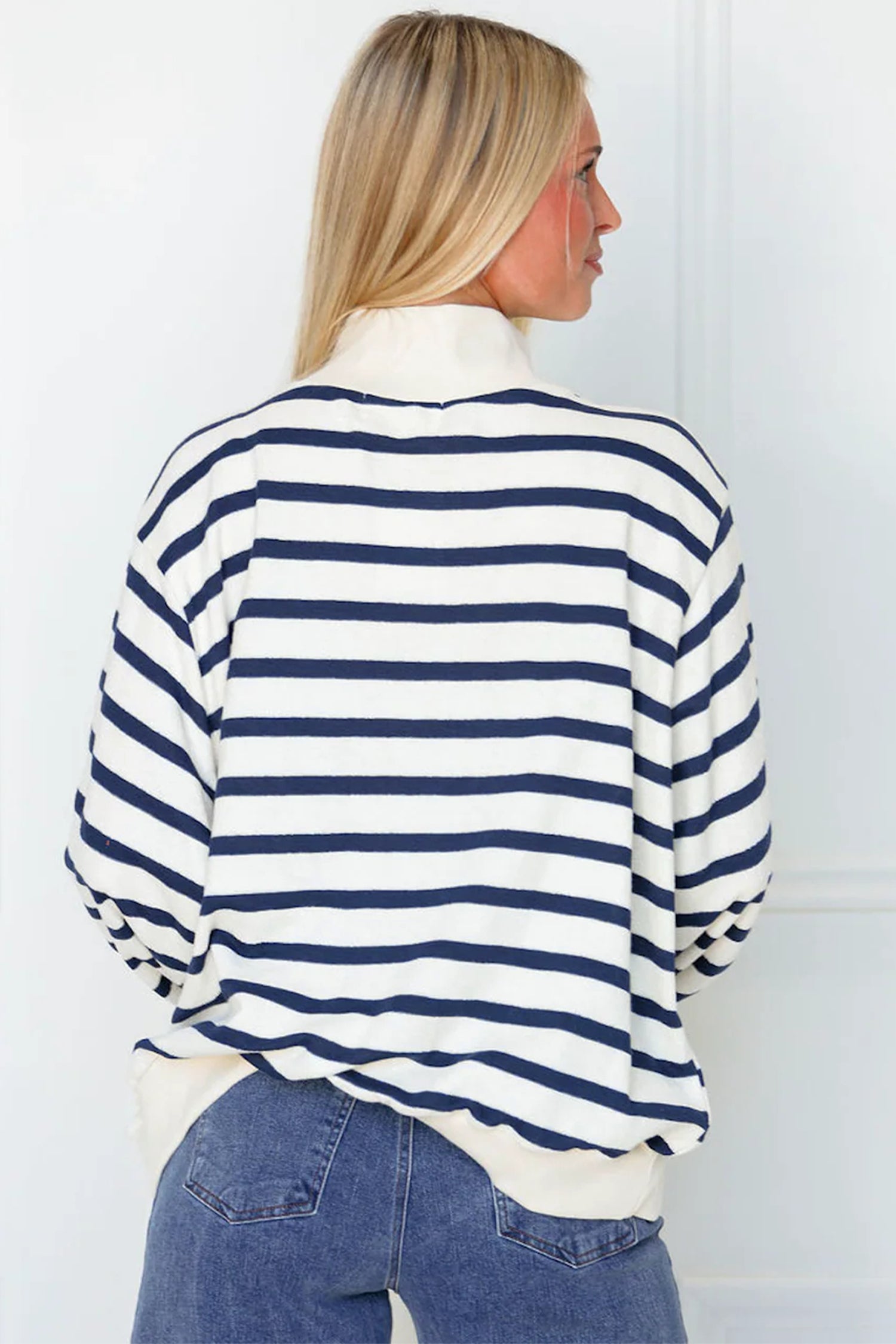 Blue Stripe Striped Stand Neck Long Sleeve Ribbed Cuff Hem Sweatshirt