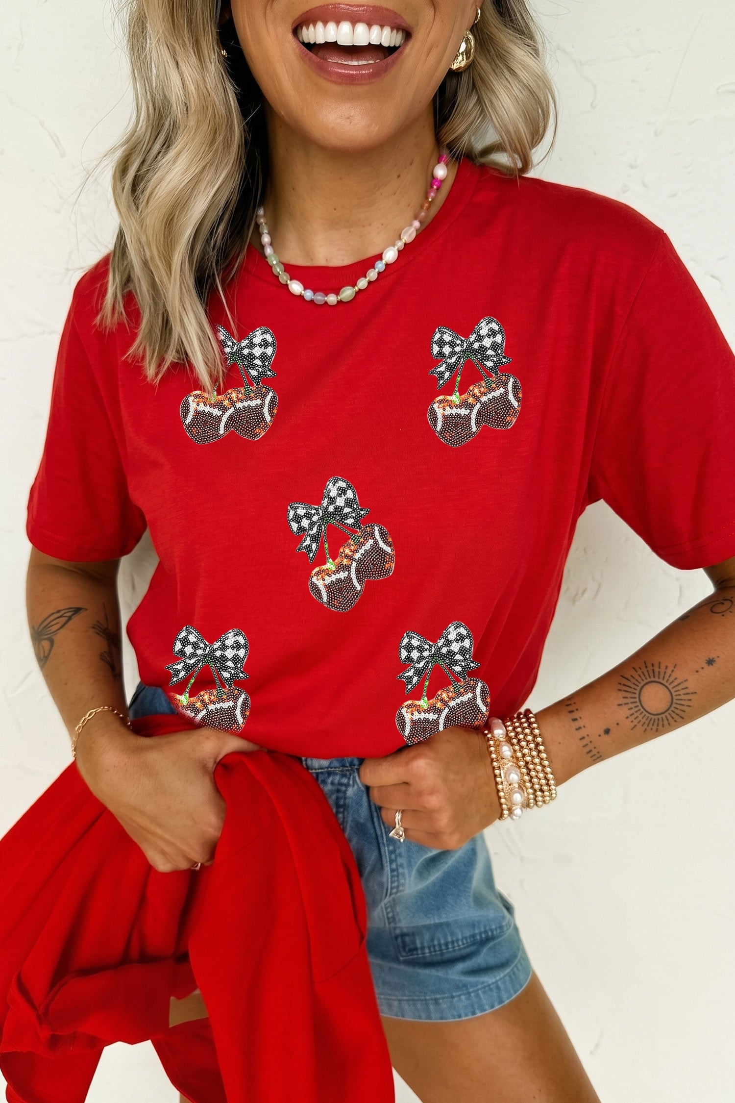 Red Sequined Cherry Bow Short Sleeve Round Neck T Shirt