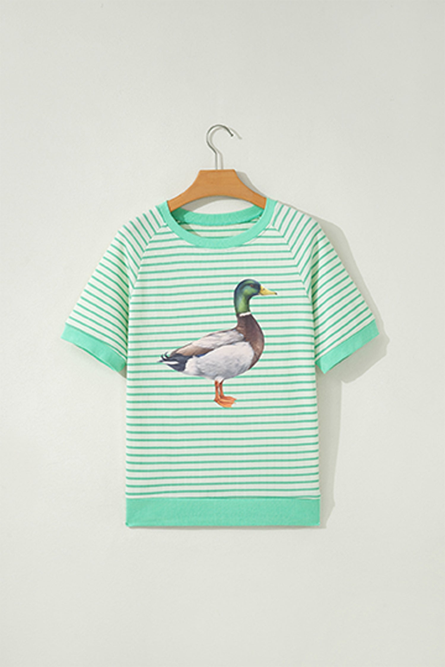 Green Stripe Casual Mallard Duck Raglan Graphic T-Shirt