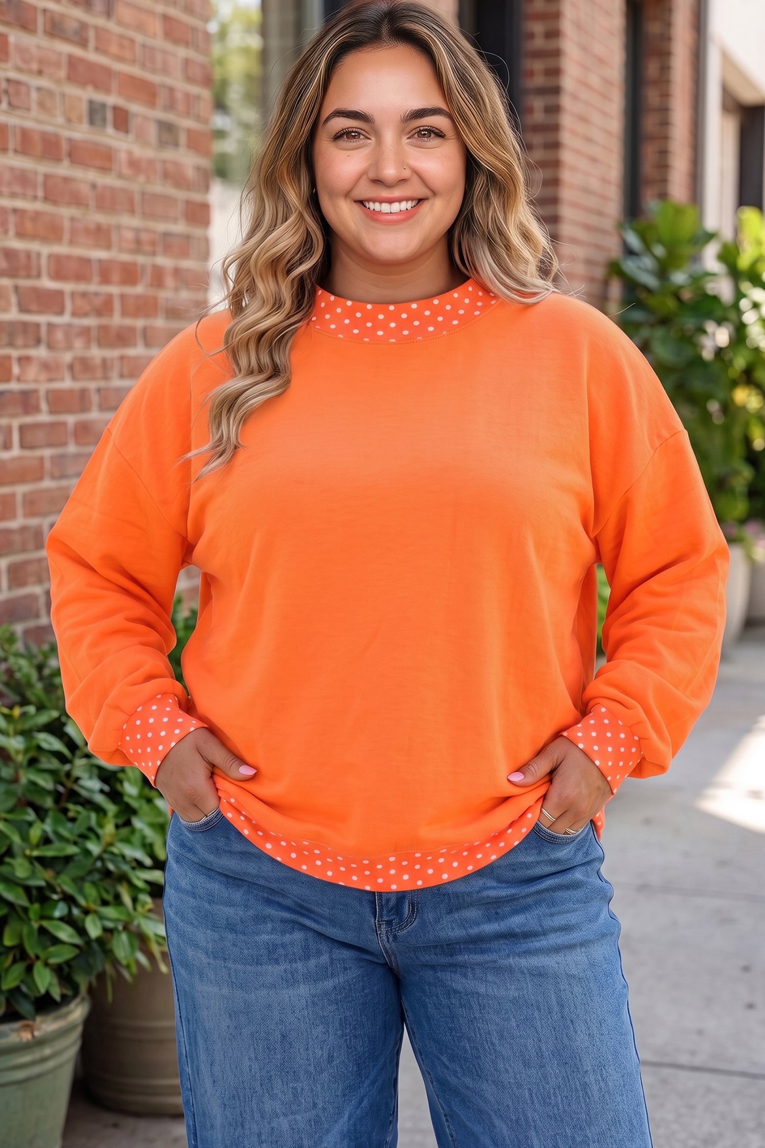Orange Polka Dot Patchwork Round Neck Plus Size Sweatshirt