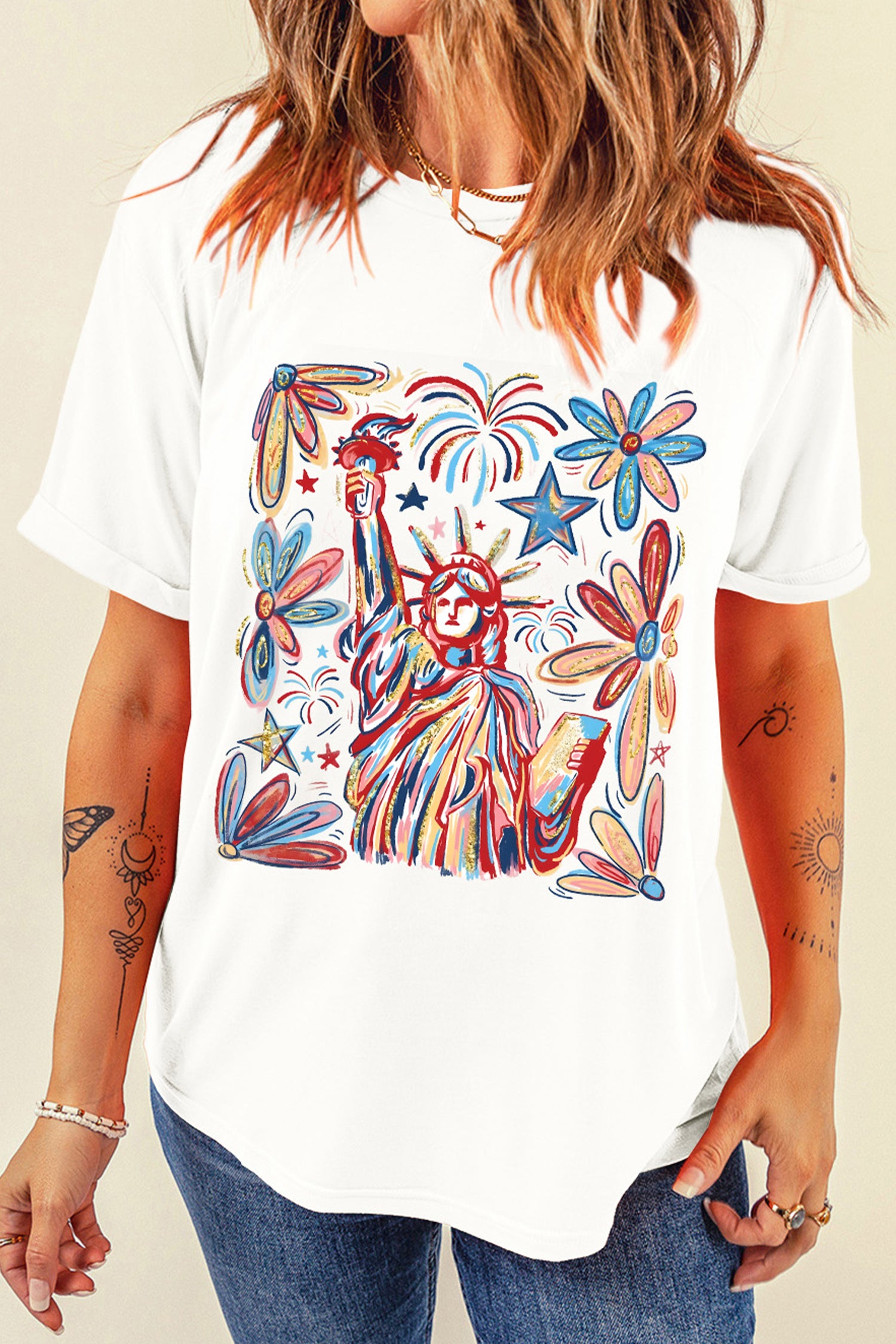 White Patriotic Statue of Liberty Fireworks Printed T Shirt