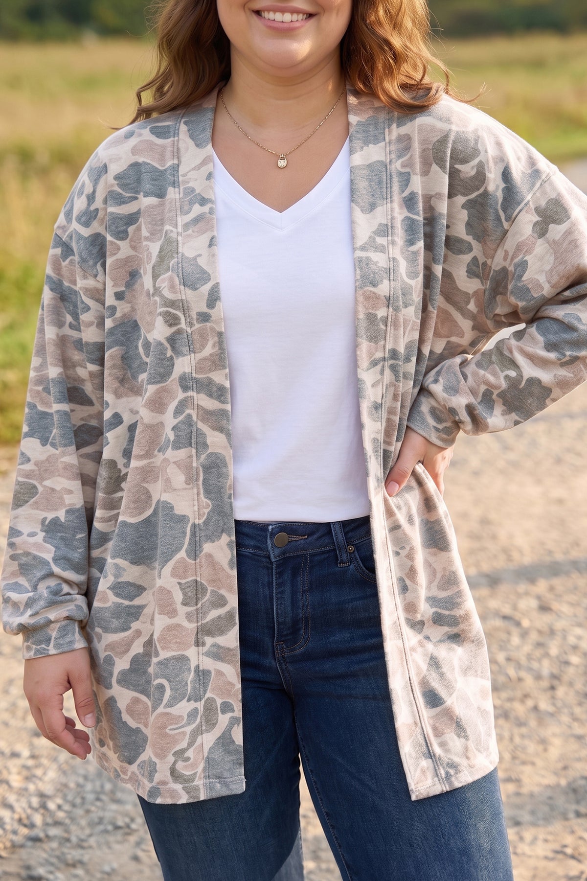 Multicolour Retro Camouflage Print Plus Size Open Tunic Cardigan