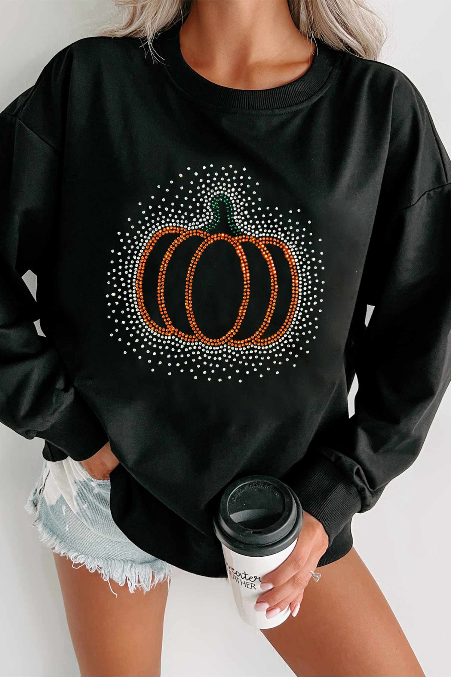 Black Rhinestone Pumpkin Graphic Pullover Sweatshirt