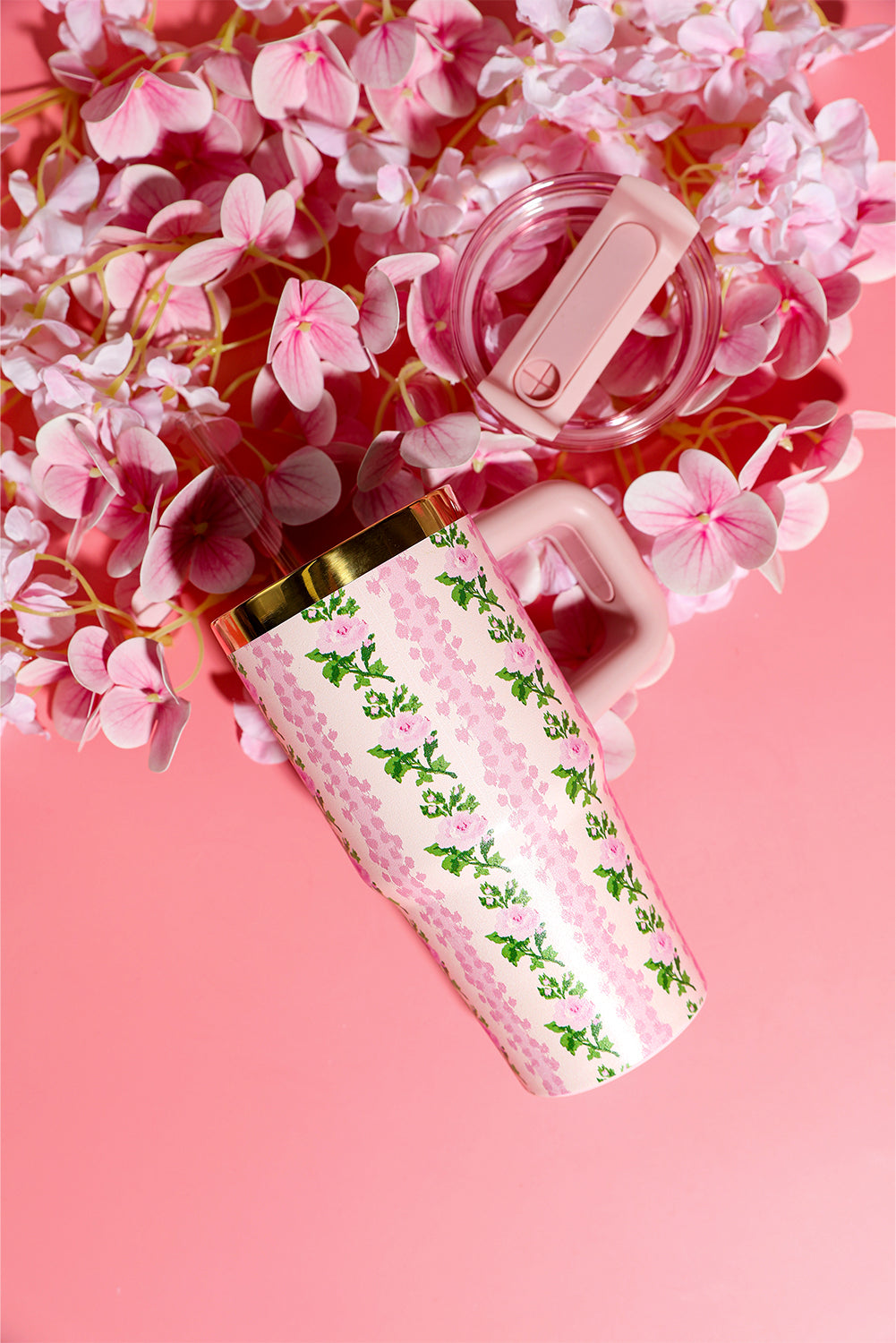Pink 14/20 OZ Dainty Floral Print Stainless Steel Tumbler with Straw