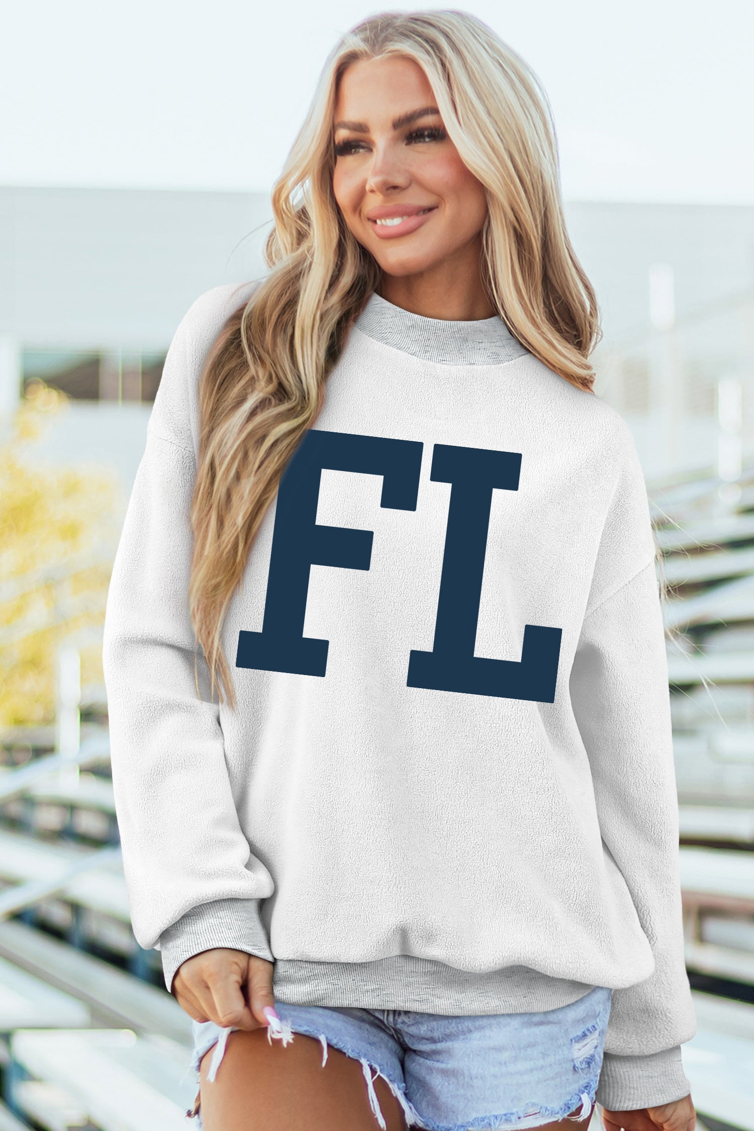 Light Grey FL FLORIDA Double Side Printed Mock Neck Reversible Sweatshirt