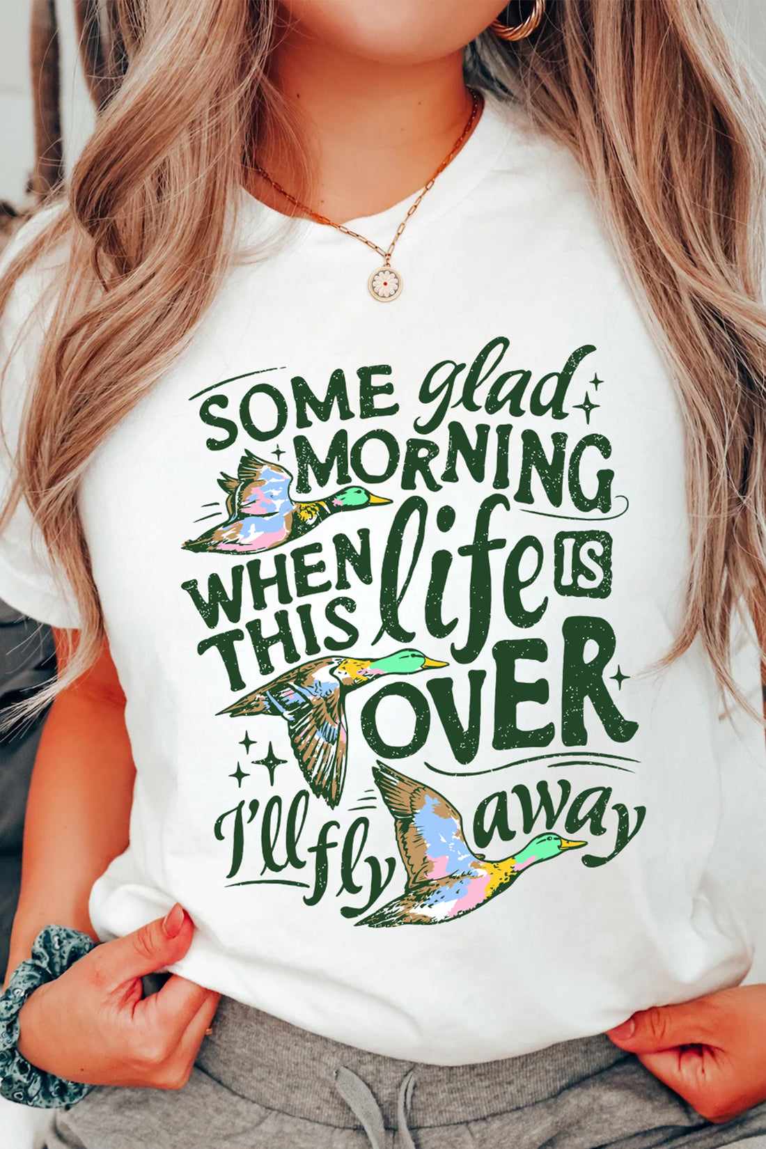 White Life Slogan Western Flying Mallard Print Relaxed T Shirt