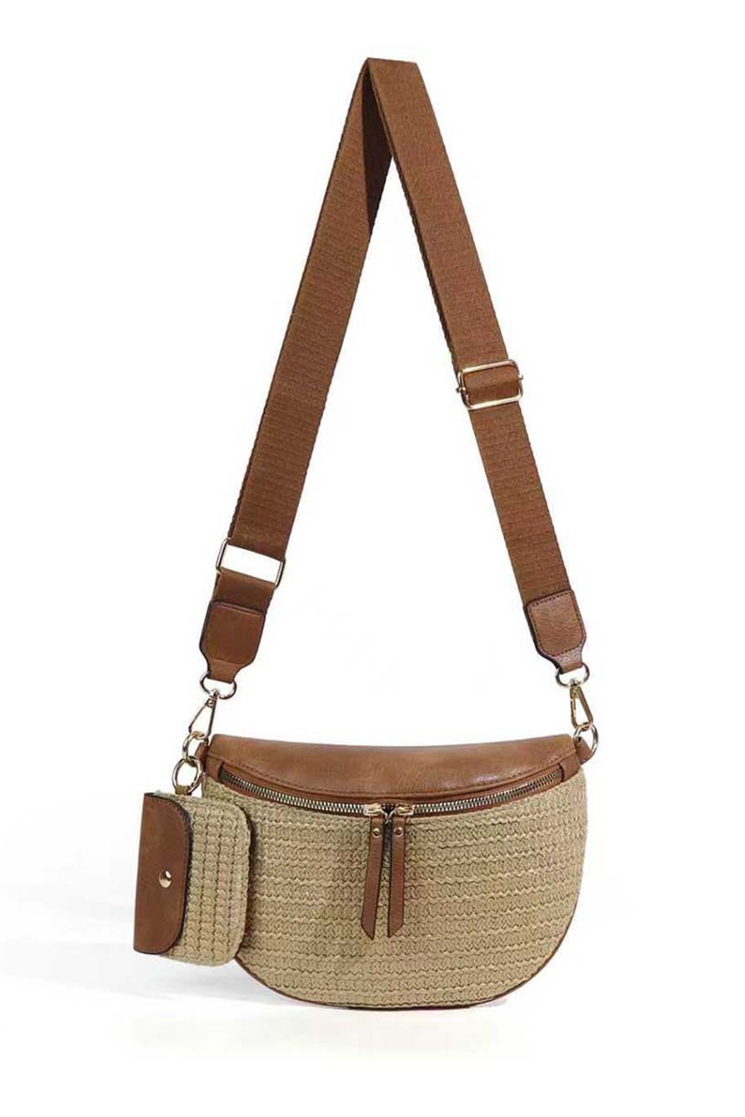 Camel PU Leather Straw Woven Patchwork Crossbody Bag with Pouch