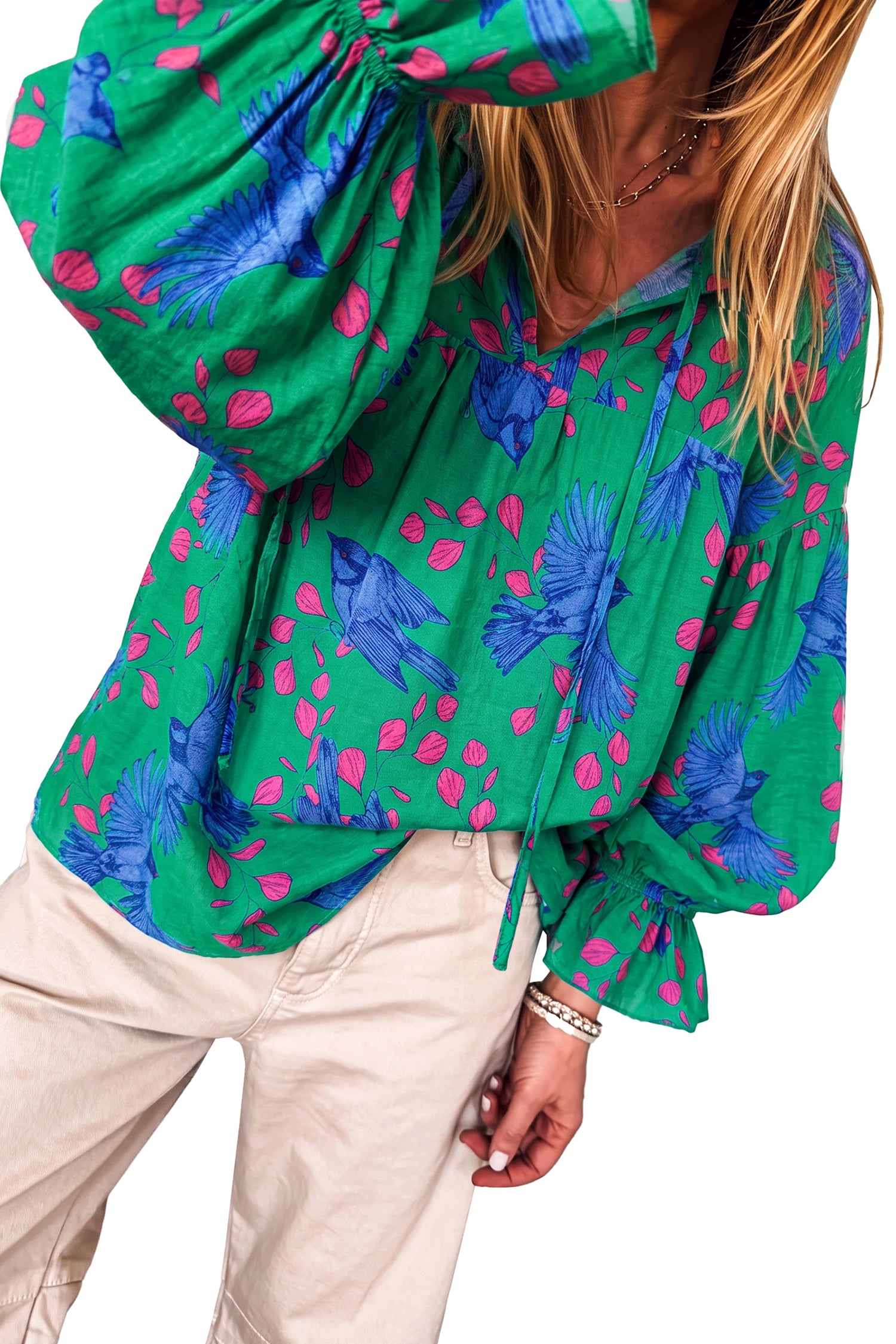 Green Abstract Print V Neck Flounced Puff Sleeve Blouse