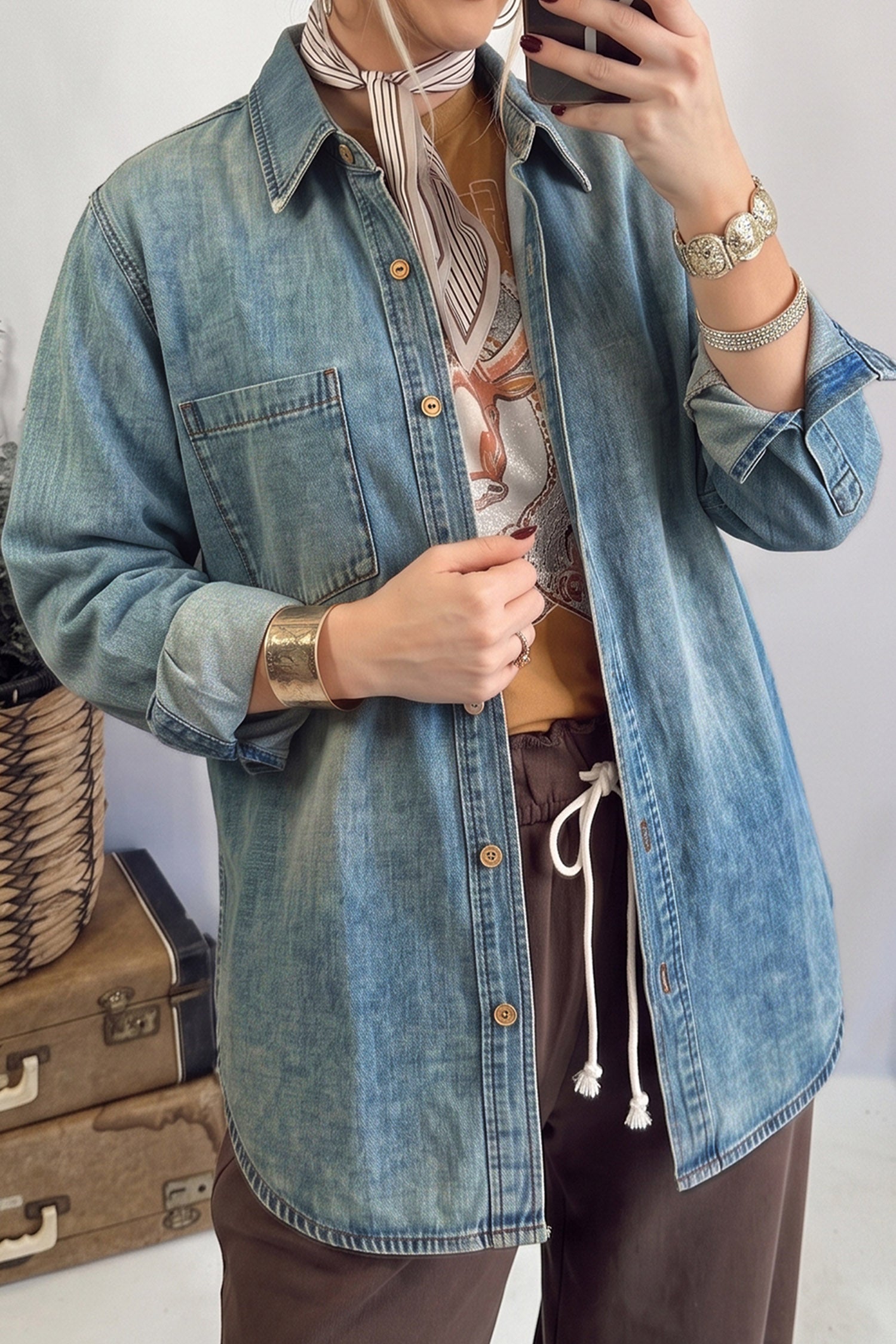 Beau Blue Western Tunic Shirt Style Denim Jacket