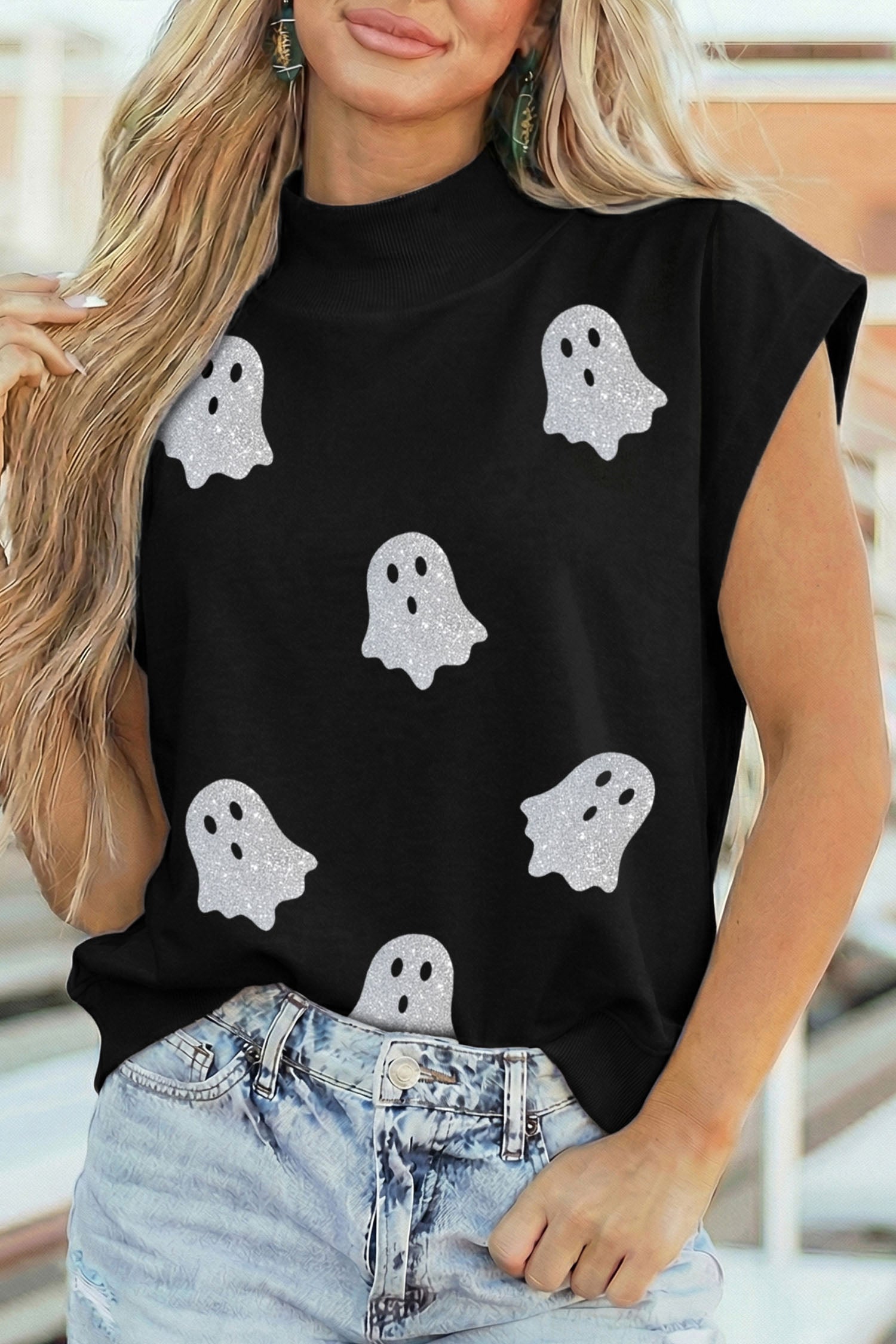 Black Glitter Ghost Print High Neck Cap Sleeve Top