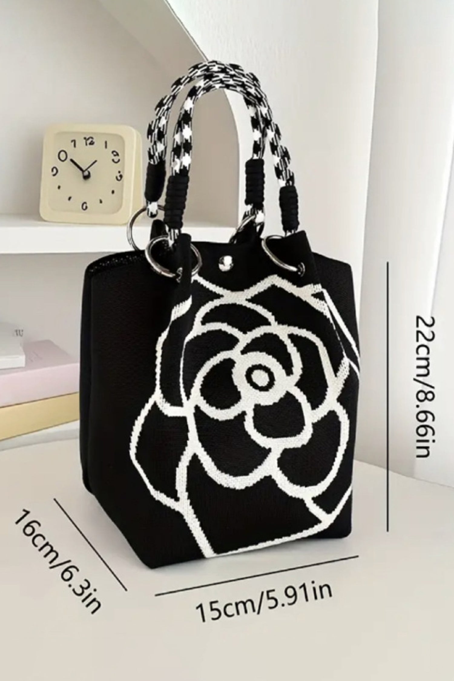 Color black Retro Rose Flower Large Knitted Tote Bag