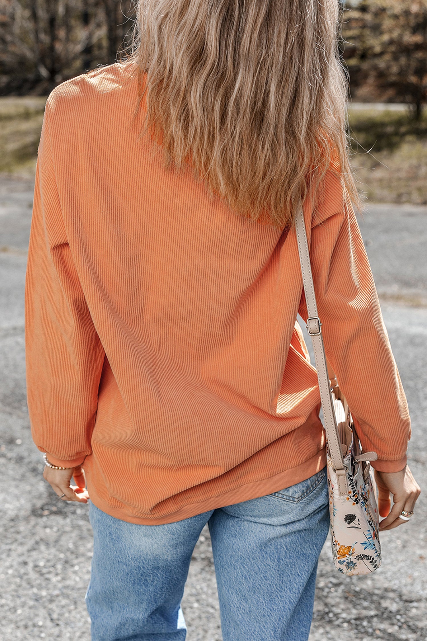 Orange Patchwork Pumpkin Graphic Corded Ribbed Round Neck Tunic Sweatshirt