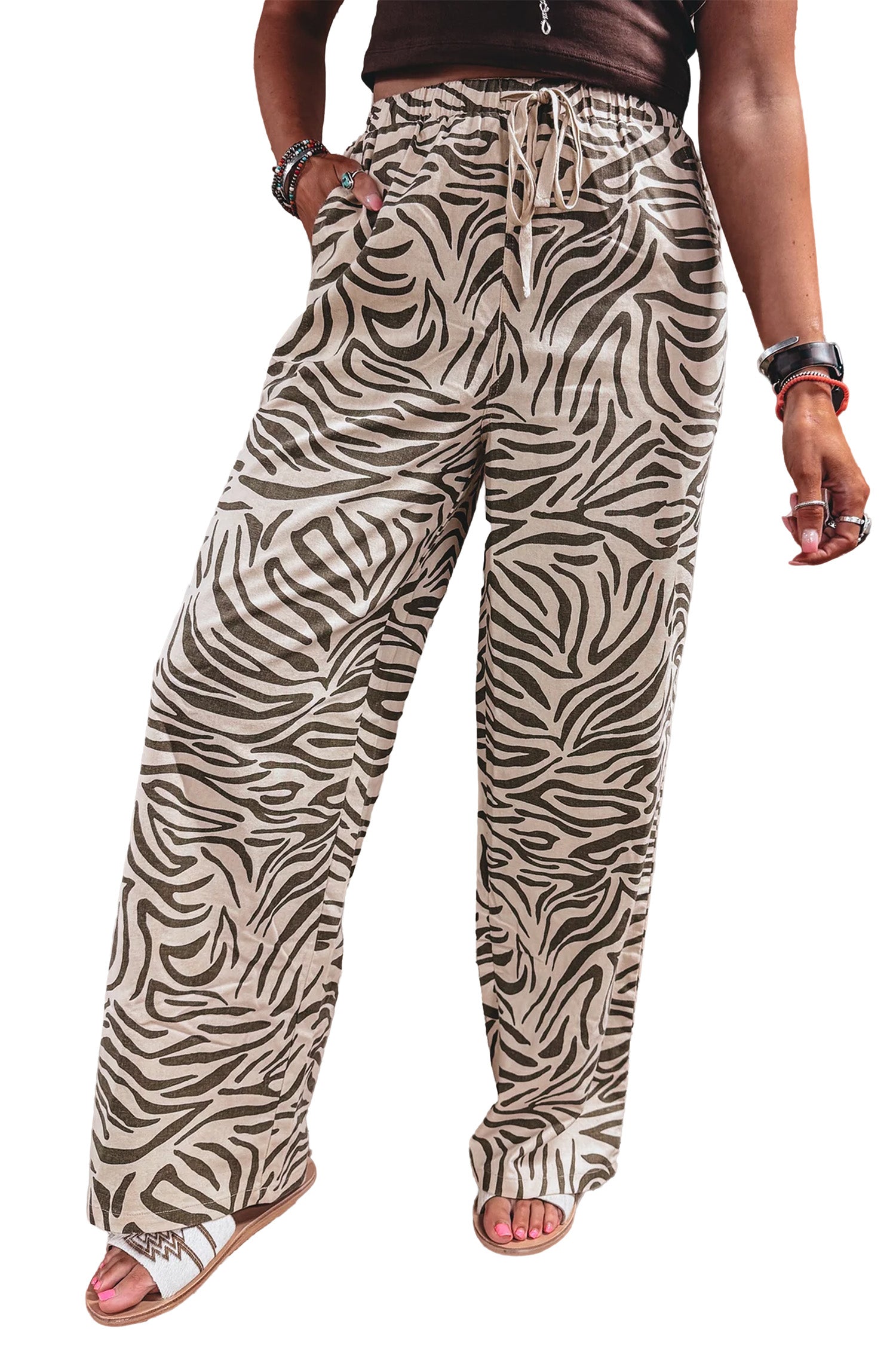 Multicolour Western Print Zebra Pattern Elastic Waist Pocket Full-Length Pants