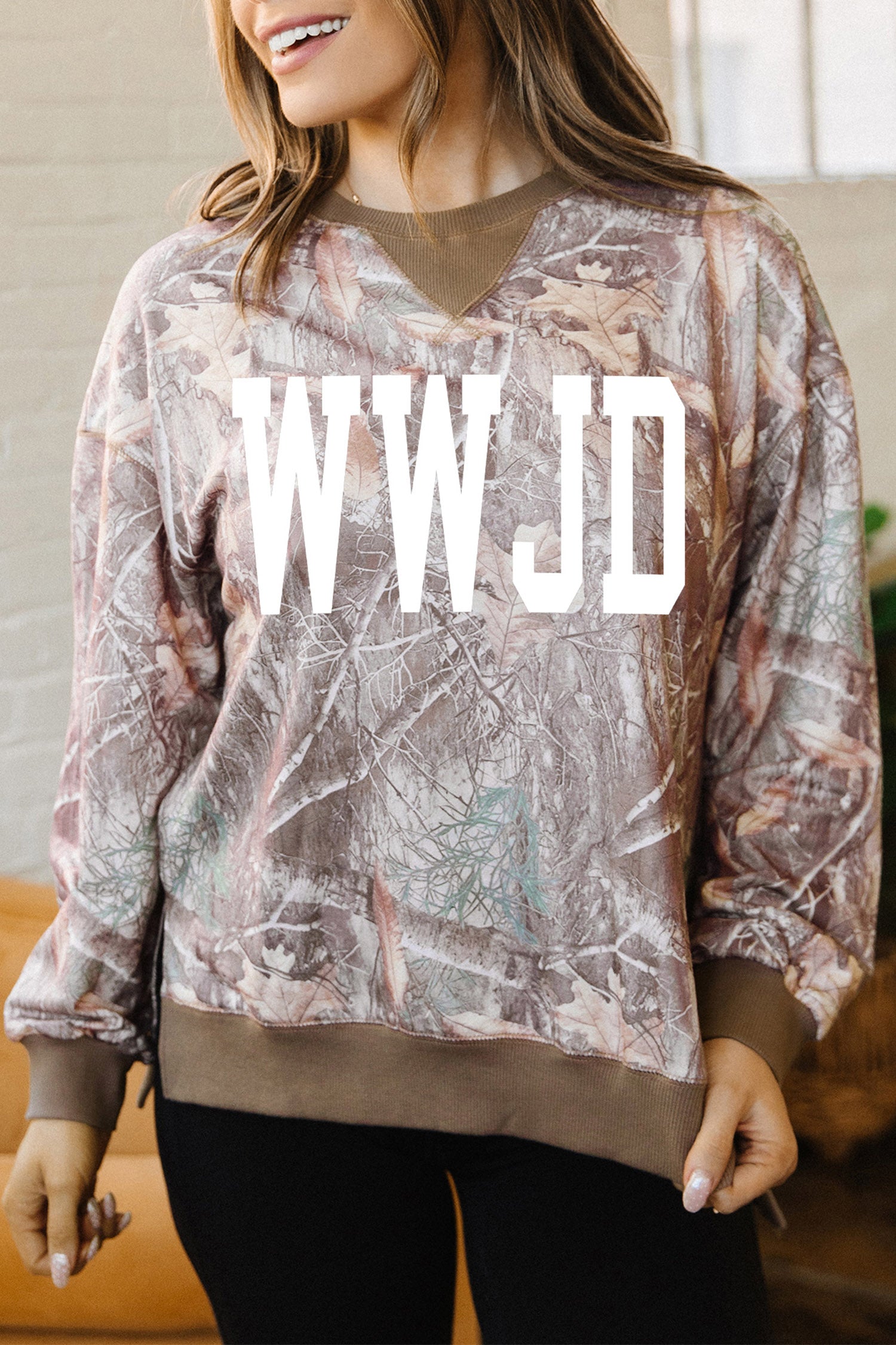 Brown Casual Camo WWJD Graphic Slit Sweatshirt