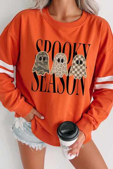 Orange Spooky Season Ghost Graphic Varsity Striped Sleeve Halloween Pullover Sweatshirt