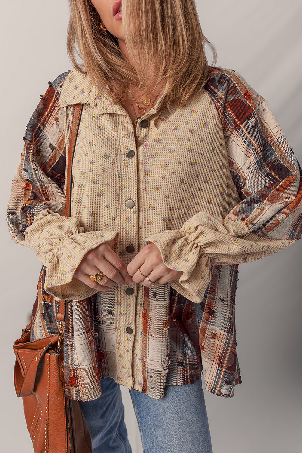 Ashleigh Blue Boho Floral Plaid Patchwork Distressed Detail Ruffled Sleeve Waffle Knit Shacket