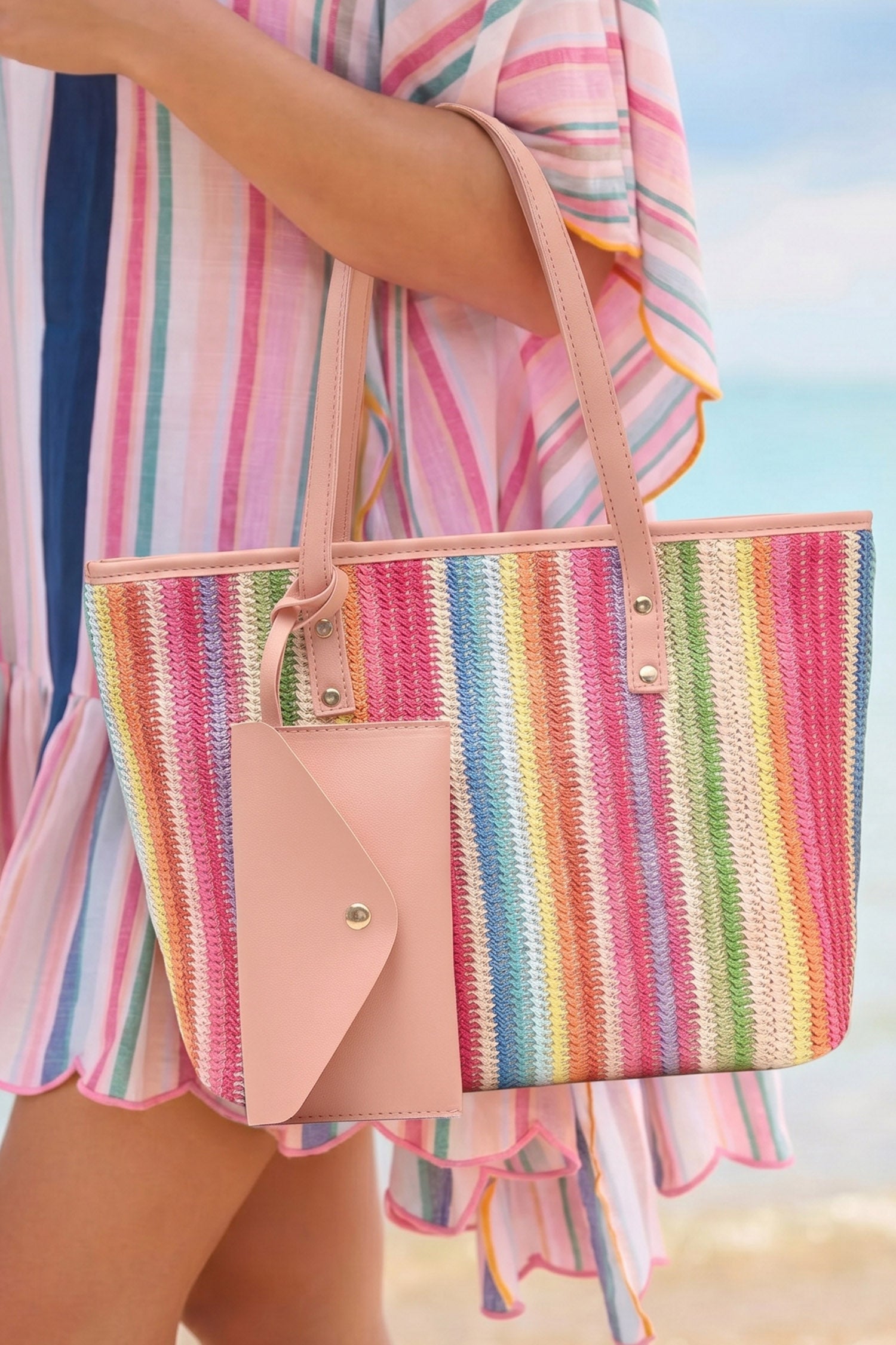 Bonbon Boho Crochet Straw Beach Tote Bag with Travel Purse