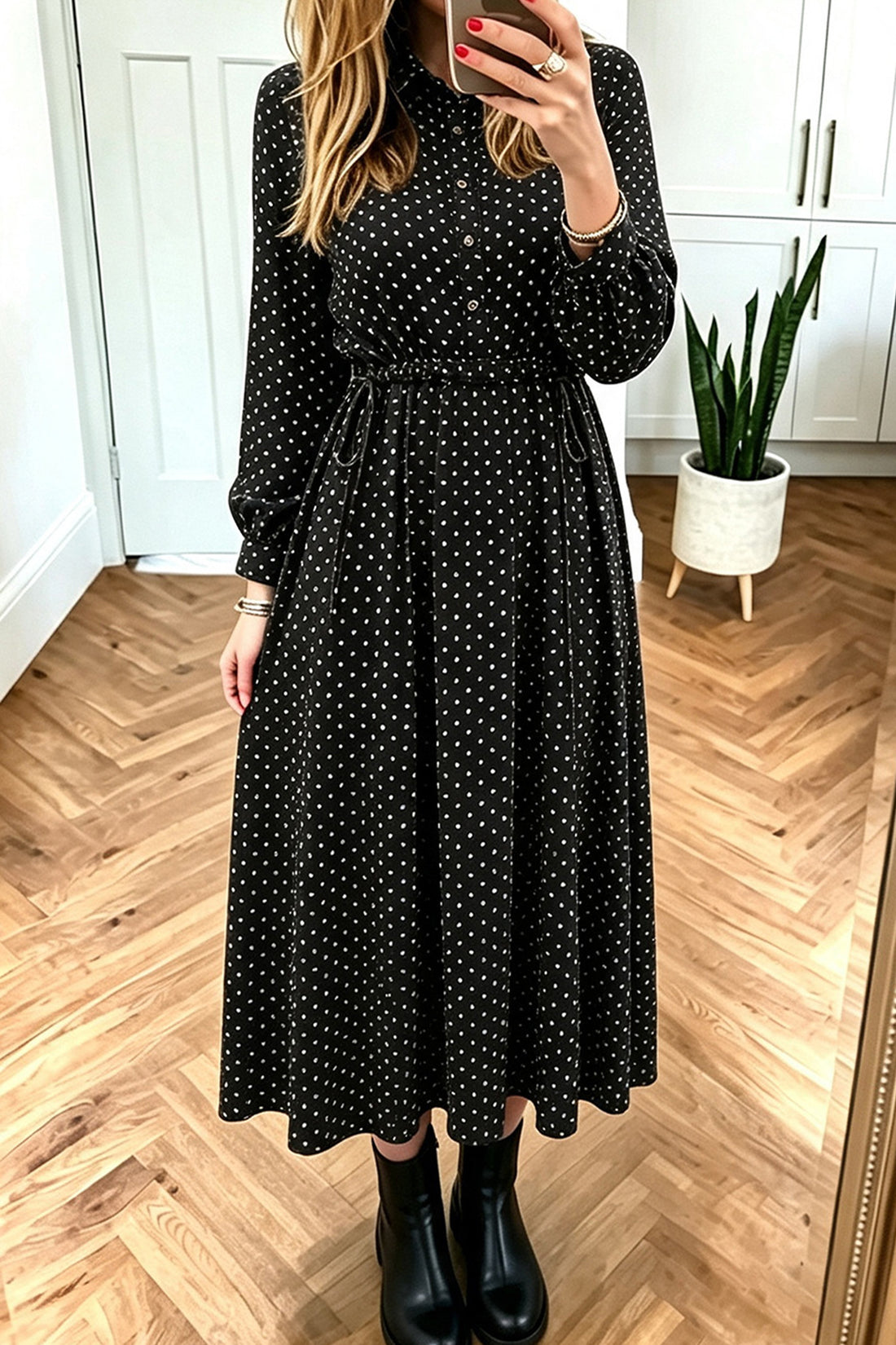 Black Polka Dot Long Sleeve Shirt Collar Half Button Drawstring Waist Dress