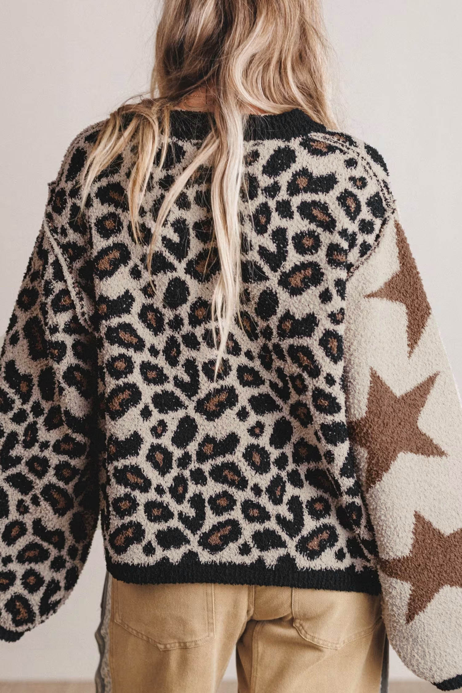 Smoke Gray Leopard Star Pattern Round Neck Long Sleeve Shift Sweater