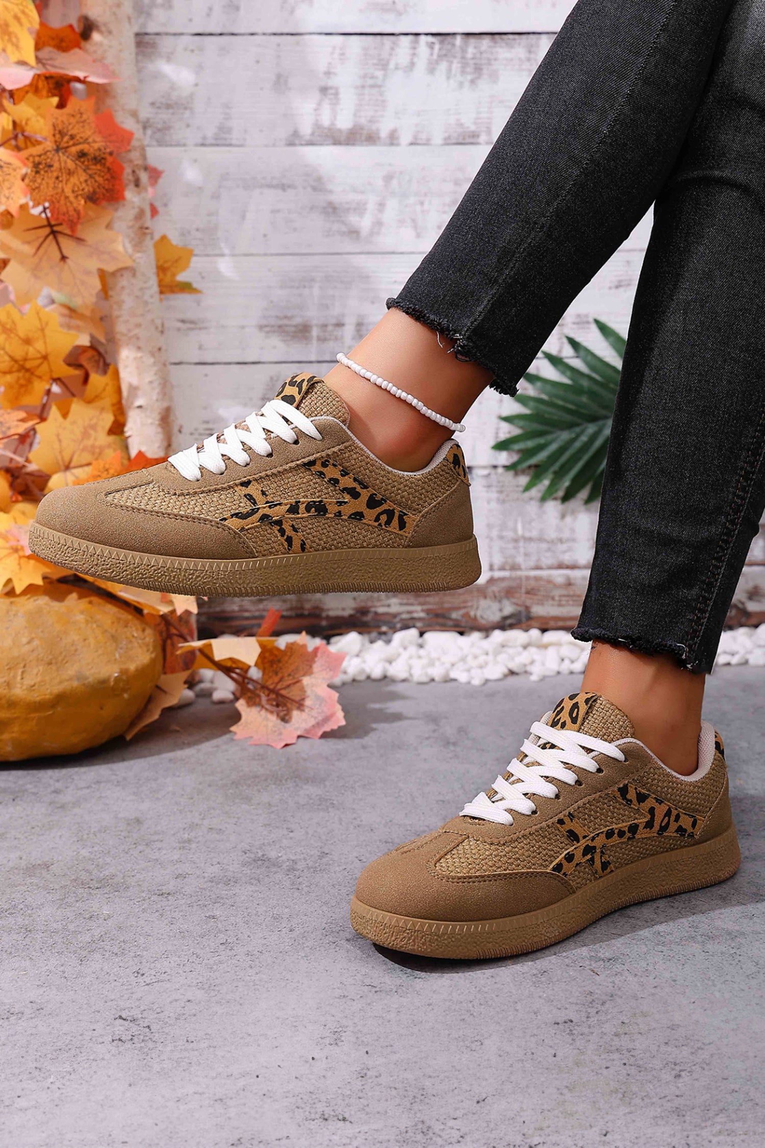 Coffee Faux Suede Contrast Patchwork Detail Lace Up Flat Sneakers