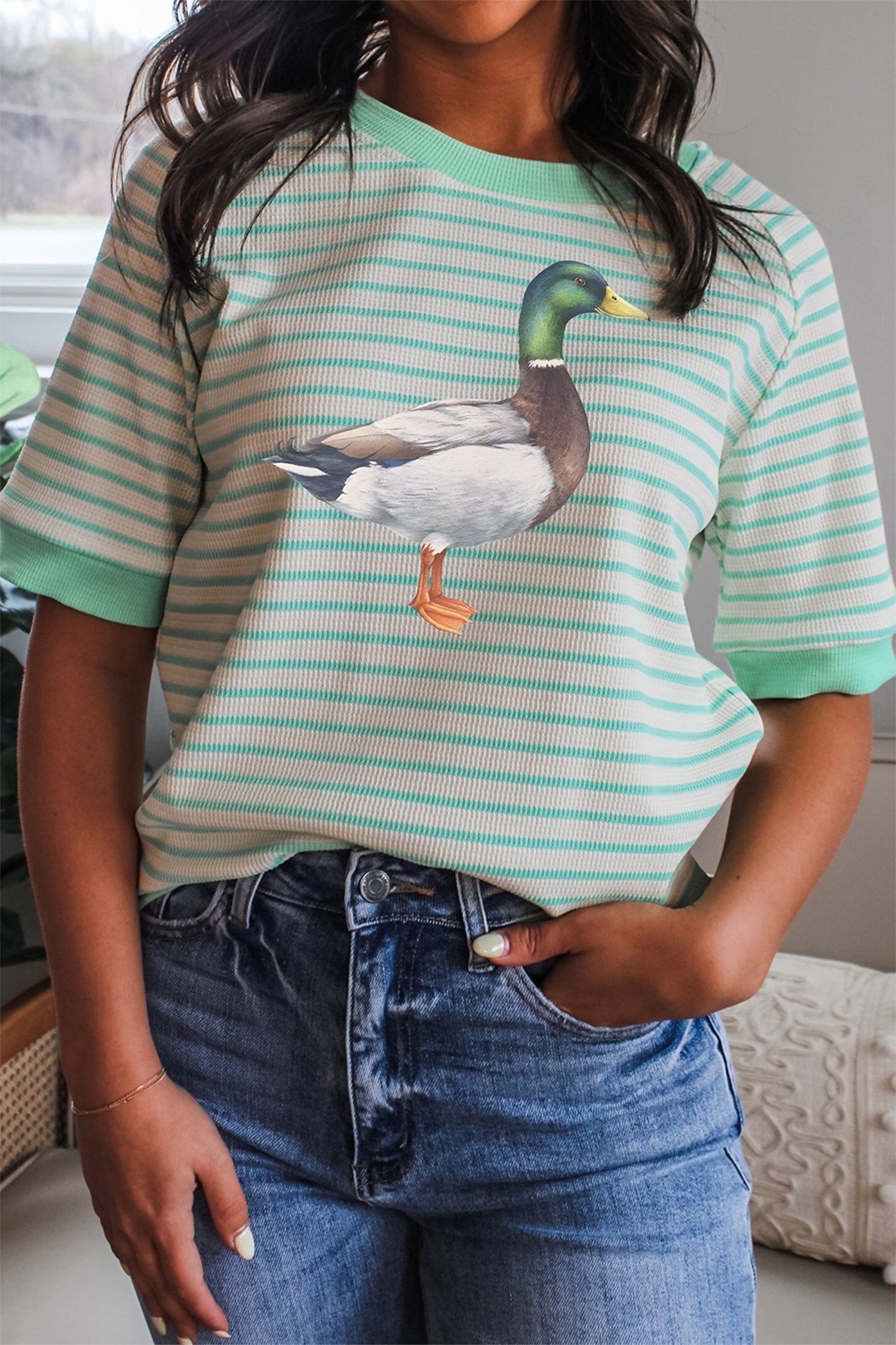 Green Stripe Casual Mallard Duck Raglan Graphic T-Shirt