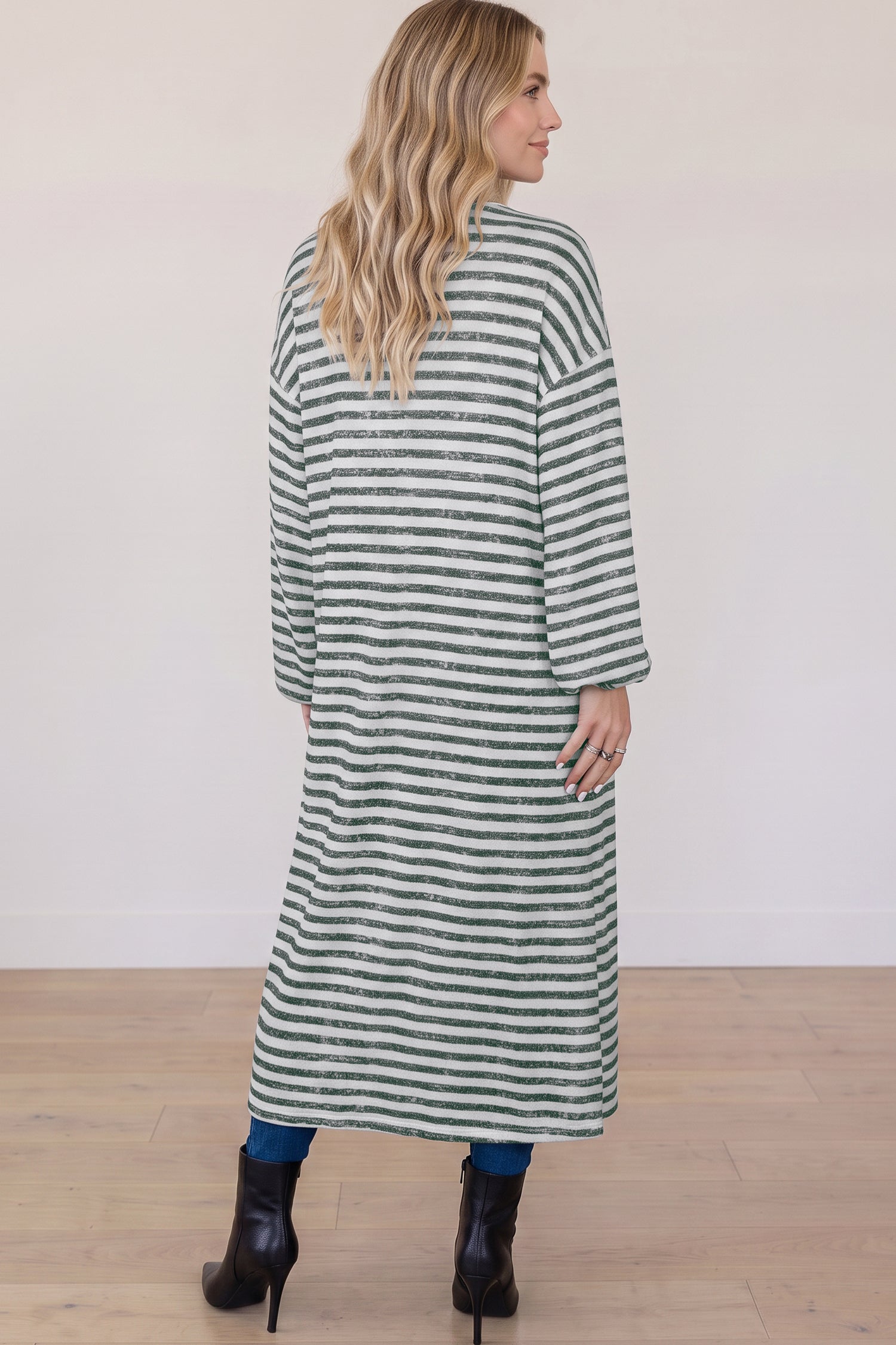 Khaki Stripe Long Puff Sleeve Open Front Oversized Long Cardigan