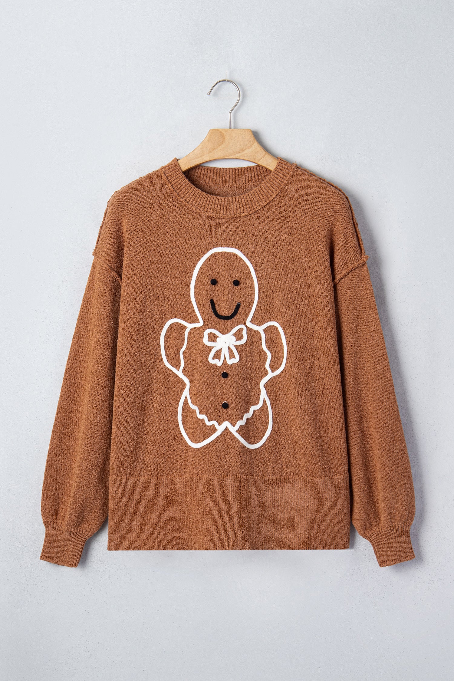 Brown Oversized Drop Shoulder Round Neck Christmas Sweater