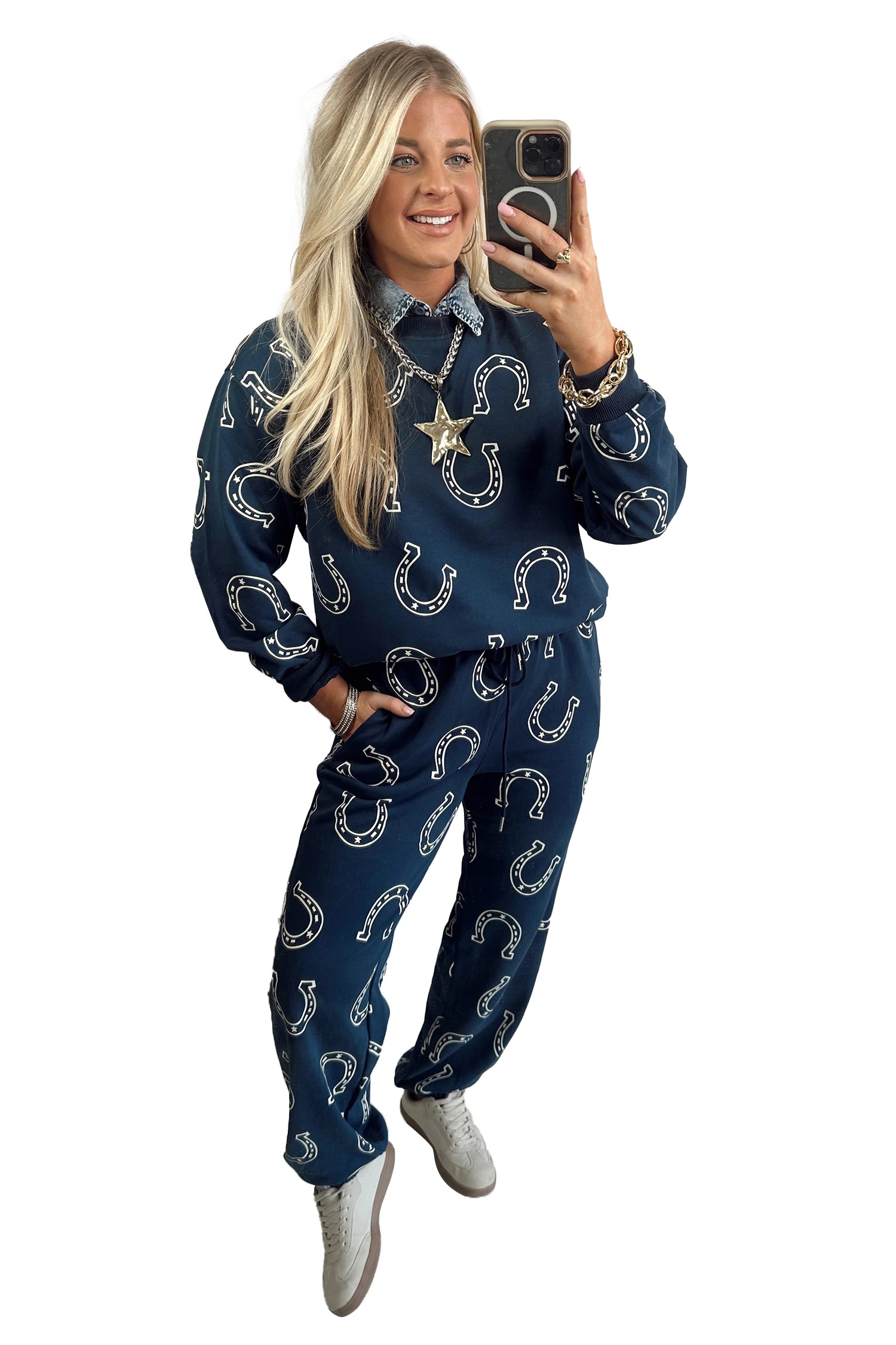 Blue Western Print Elastic Waist Pocket 2pcs Pant Set