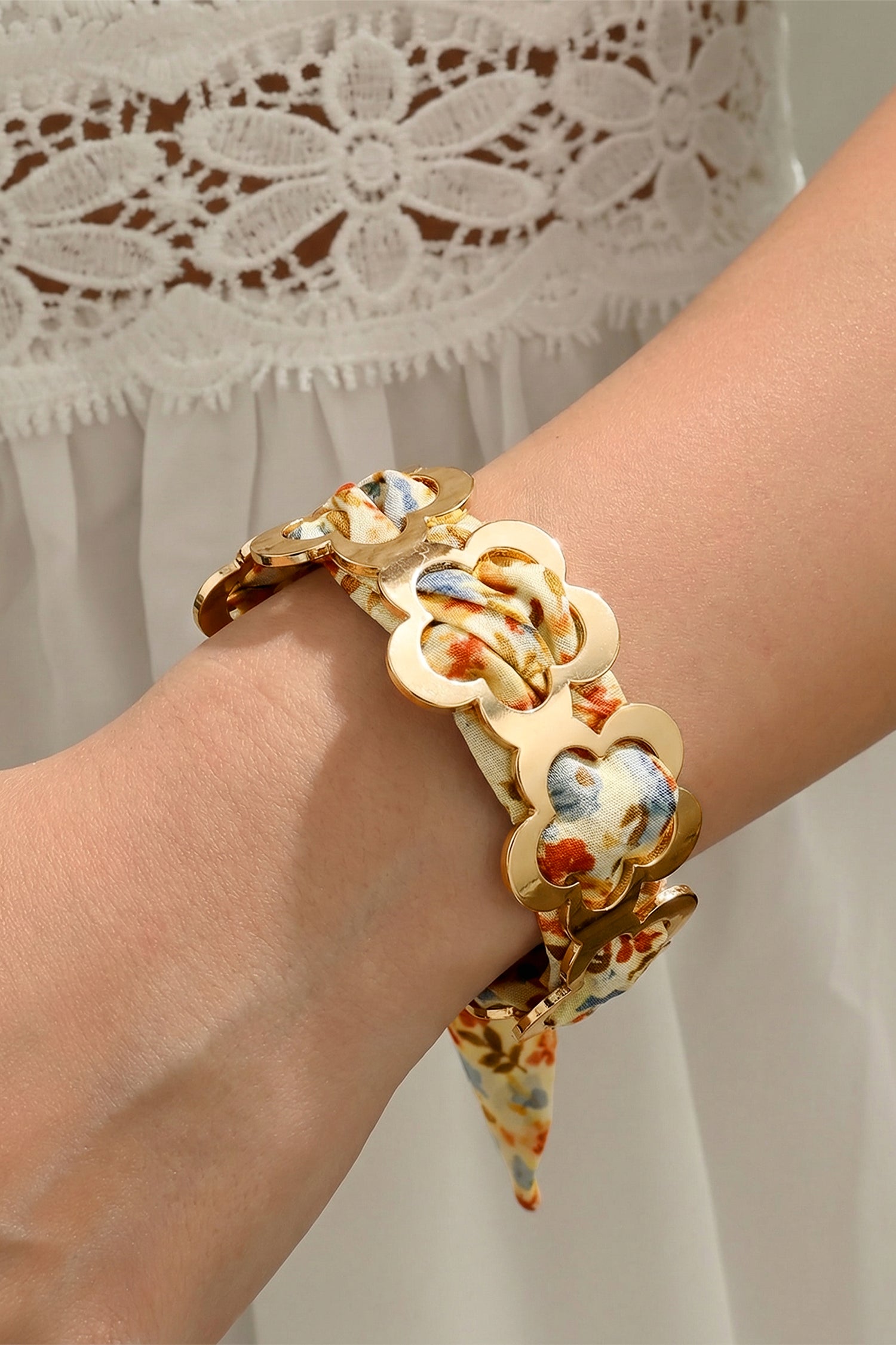 Gold Alloy Hollowed Flower Bangle Floral Ribbon Knot Bracelet