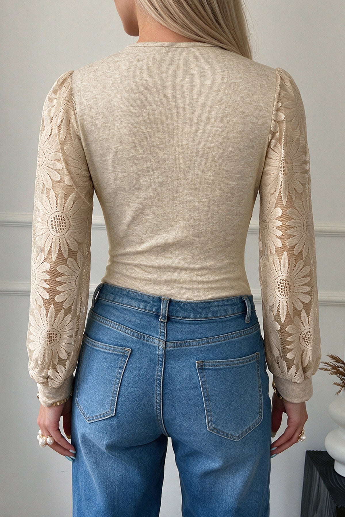 Apricot Scalloped V Neck Lace Sleeve Patchwork Elegant Bodysuit