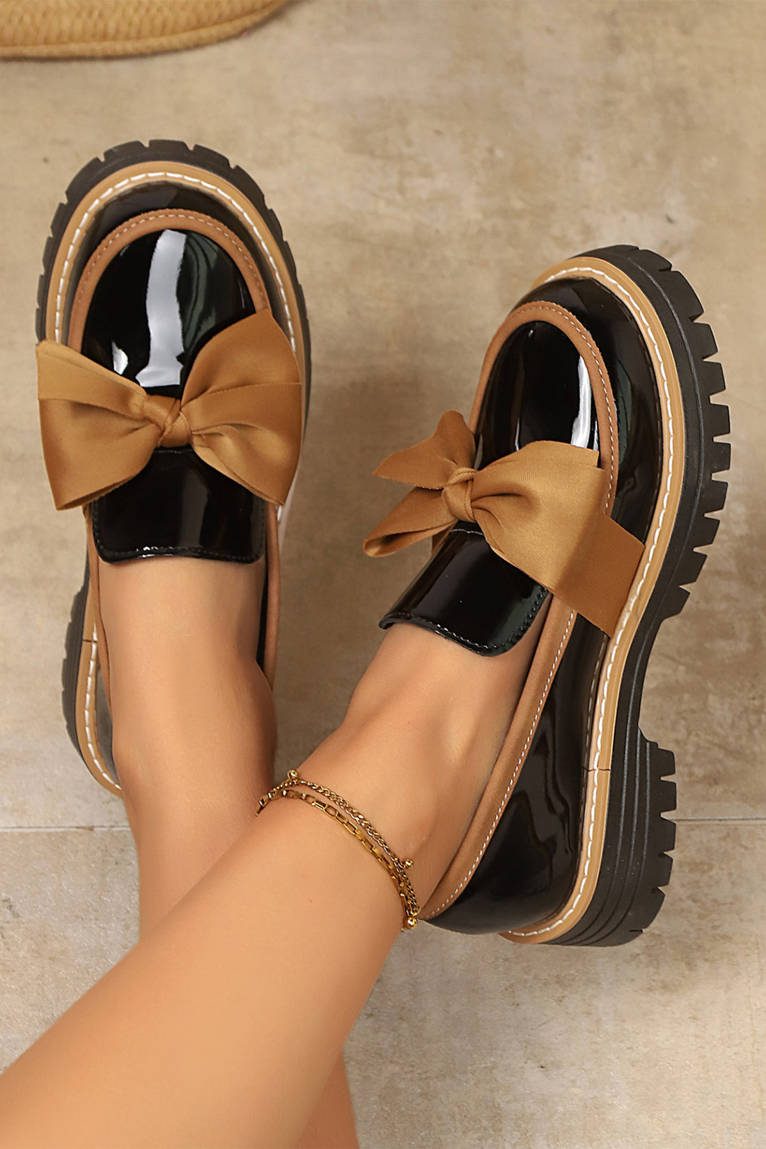 Color black Bowknot Platform Loafers with Slip-On Design and TPR Sole