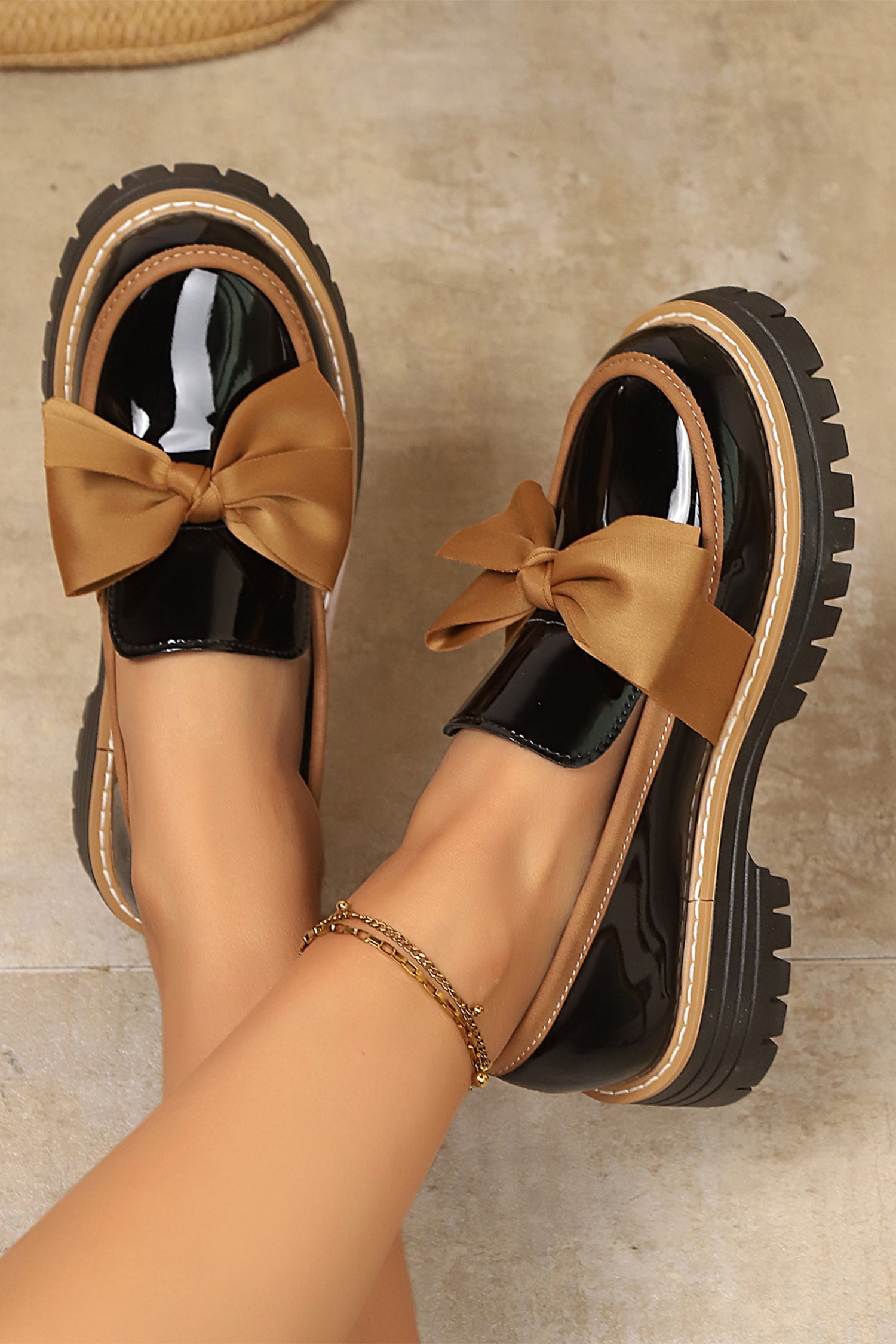 Color black Bowknot Platform Loafers with Slip-On Design and TPR Sole